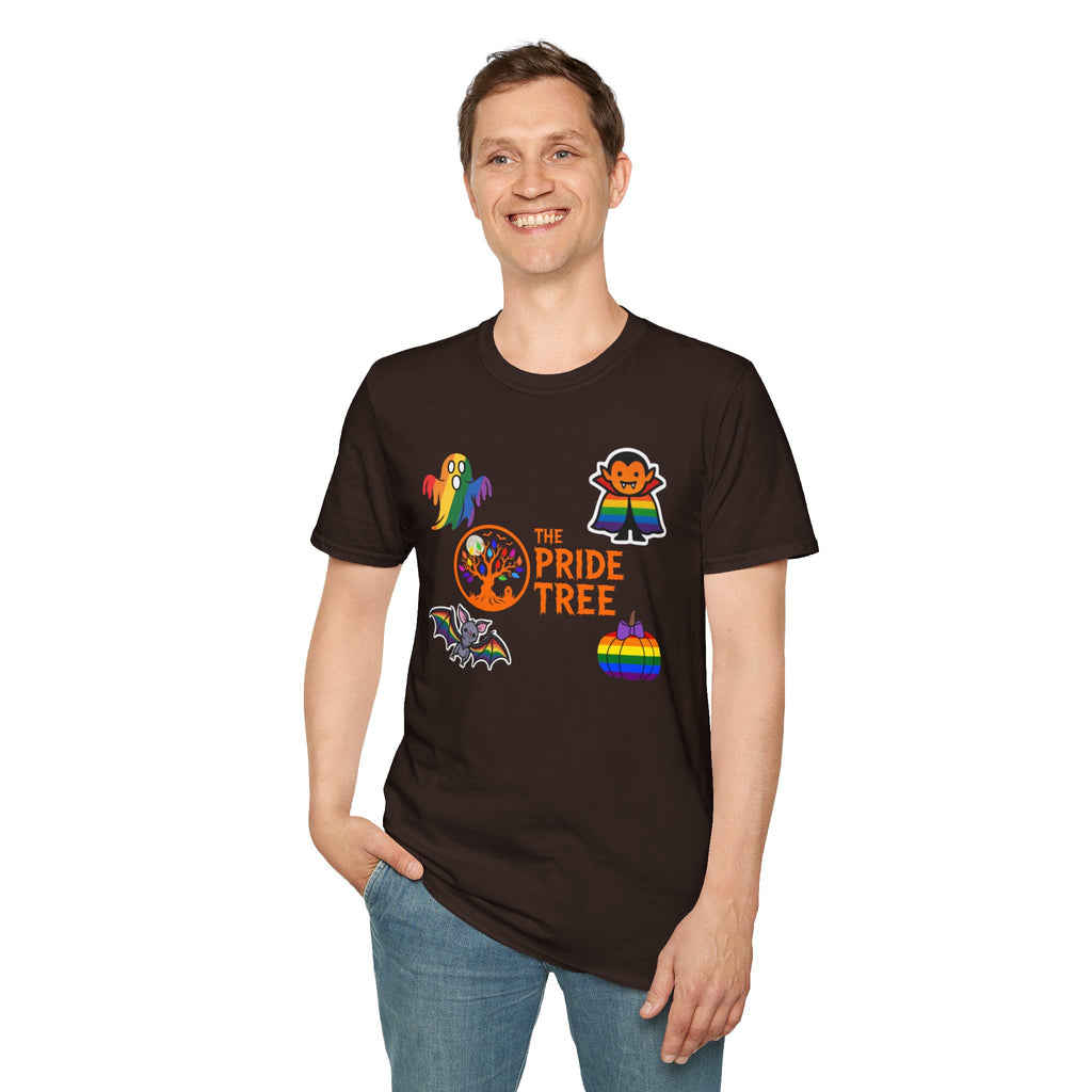 The Pride Tree Halloween T‑Shirt — Rainbow Ghosts, Pumpkins & Bat Graphic Tee