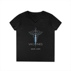 Ladies' V-Neck T-Shirt - 'Vaccines Save Lives' Graphic Tee for Health Advocacy