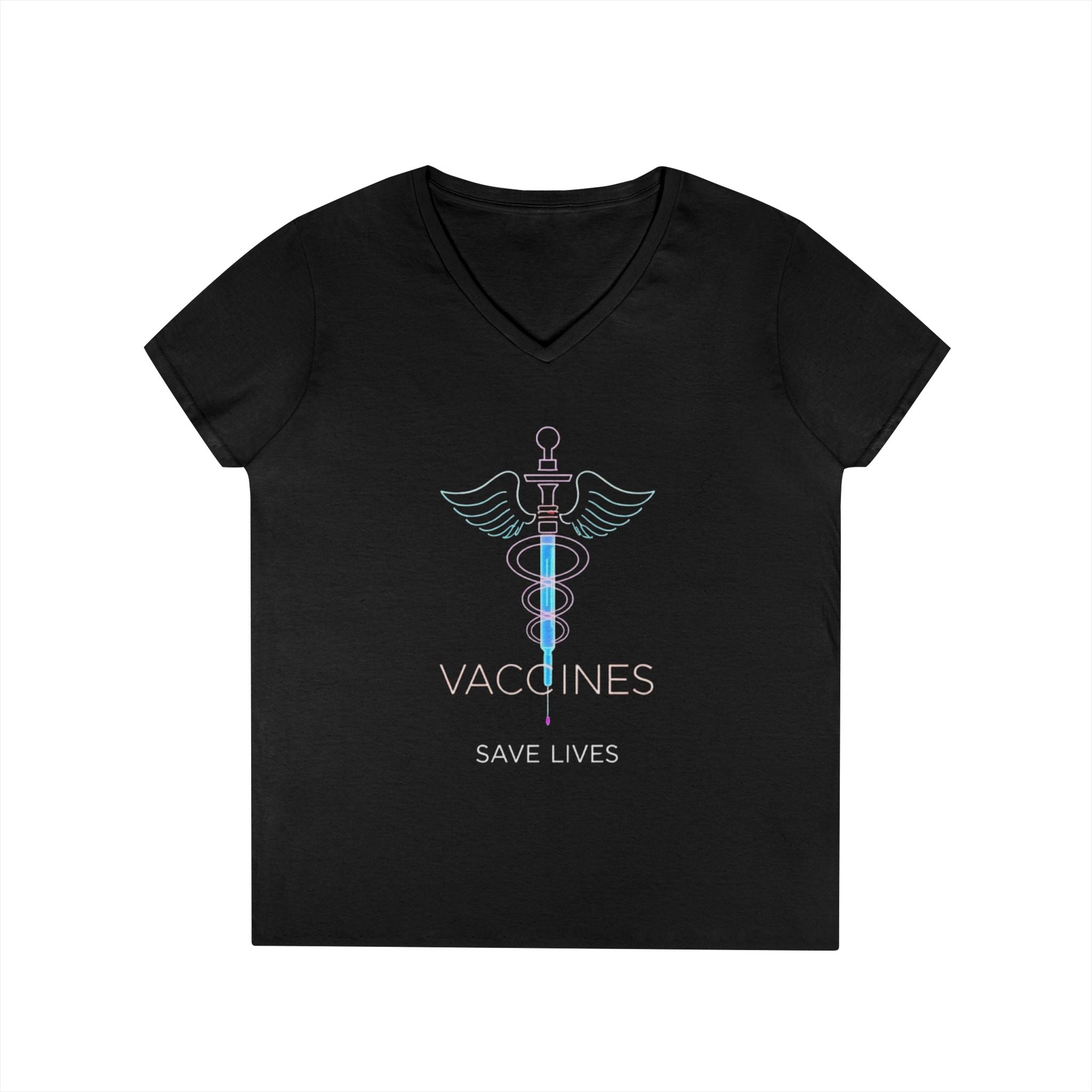 Ladies' V-Neck T-Shirt - 'Vaccines Save Lives' Graphic Tee for Health Advocacy