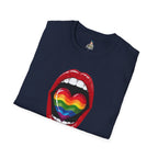 Pride Love Unisex Softstyle T-Shirt | LGBTQ+ Rainbow Heart Design