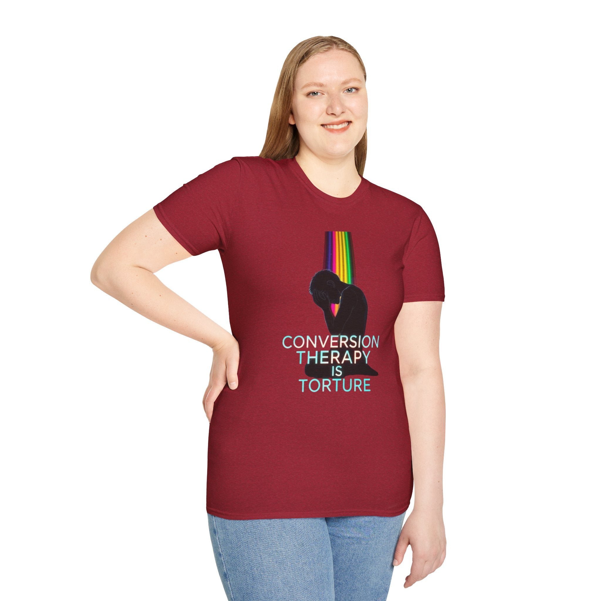 Unisex Softstyle T-Shirt: "Conversion Therapy is Torture" & "We All Belong" - LGBTQ+ Empowerment Tee