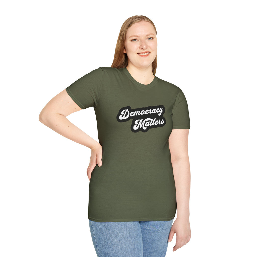 Democracy Matters T-Shirt — Retro Script Political Tee