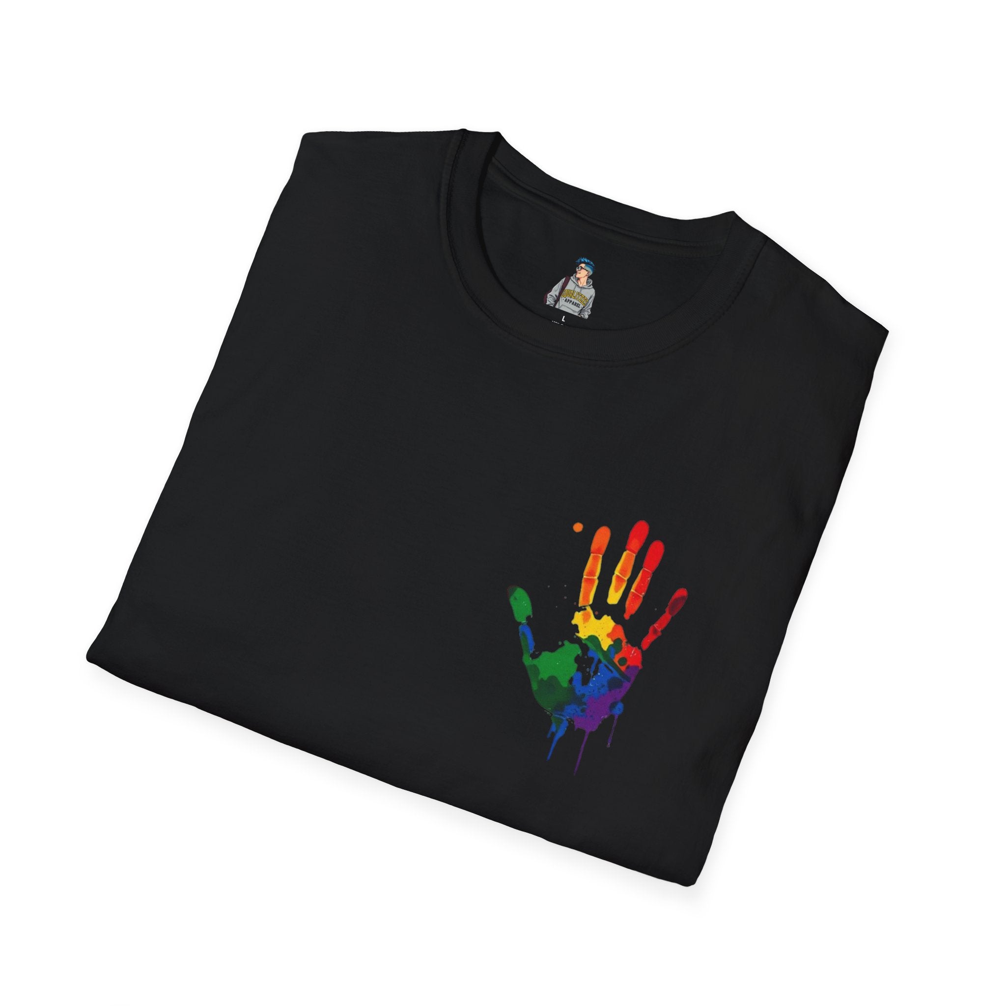 Inclusive Art Unisex Softstyle T-Shirt – ‘ Rainbow Handprint We All Belong’