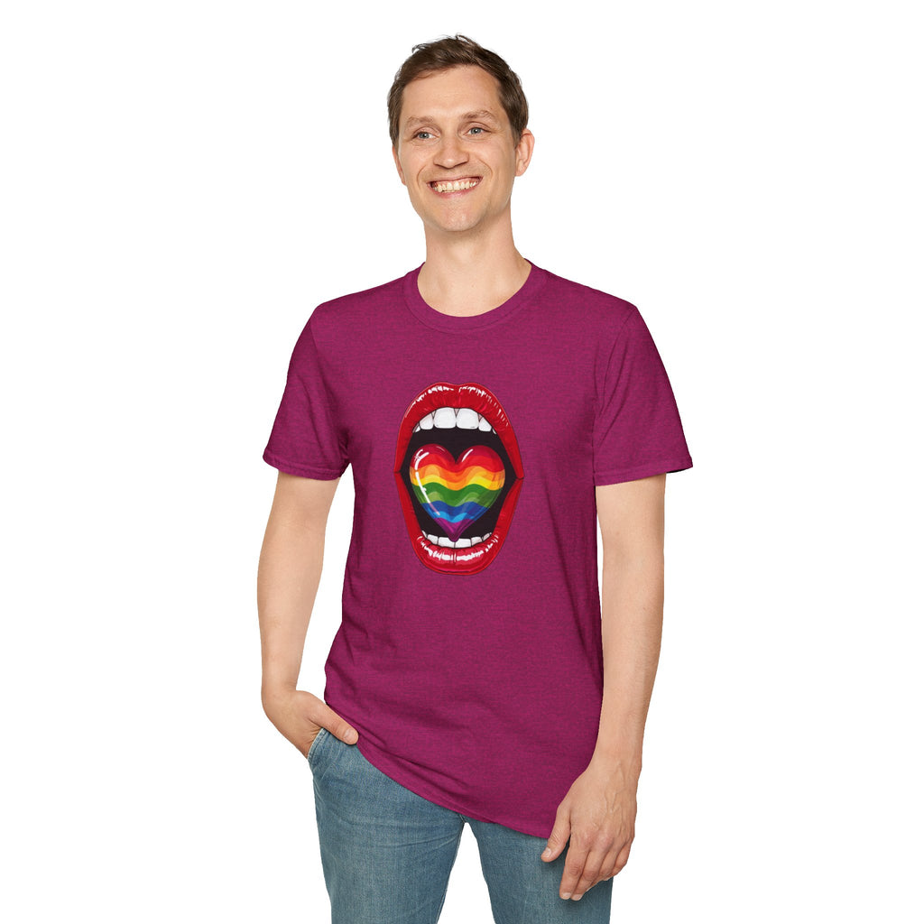 Pride Love Unisex Softstyle T-Shirt | LGBTQ+ Rainbow Heart Design