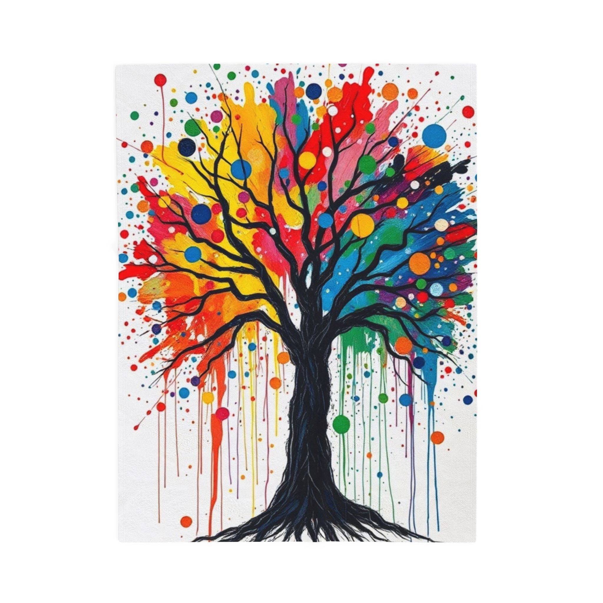 Rainbow Tree Dripping with Color Velveteen Plush Blanket – for Comfort and Warmth