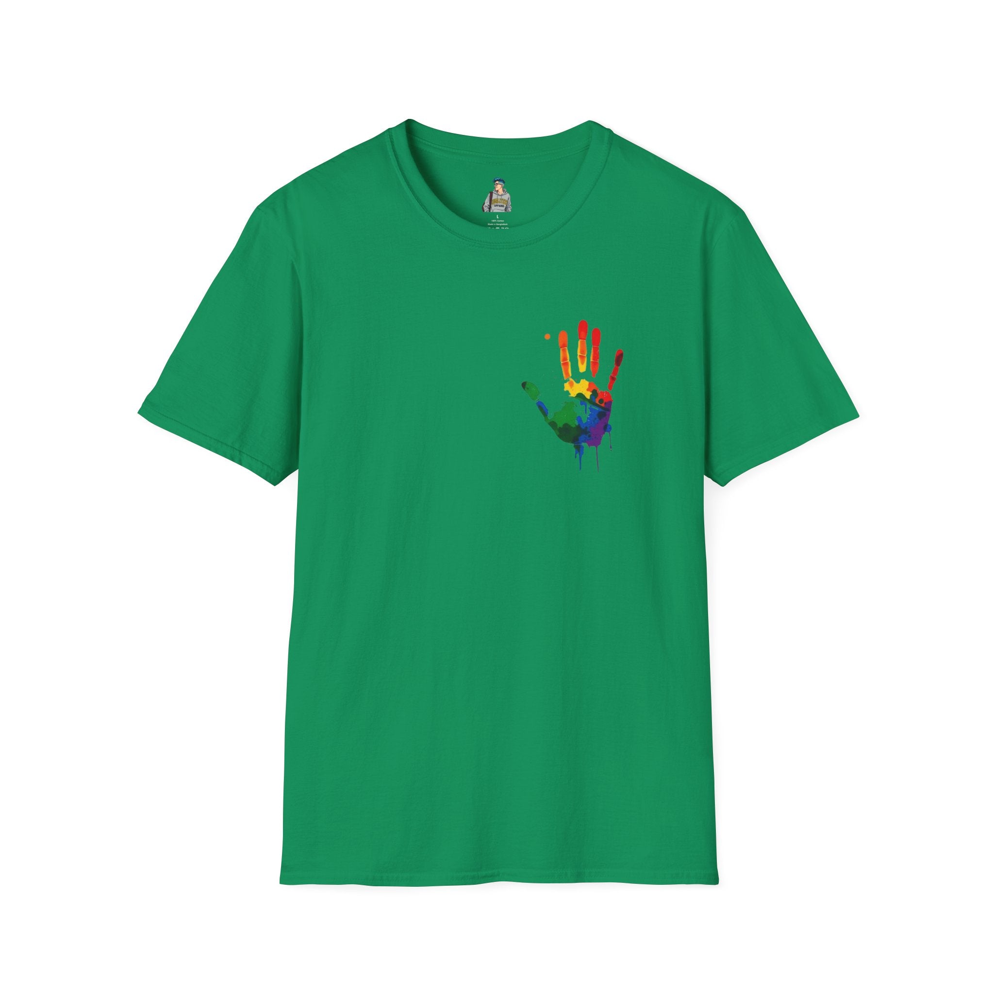 Inclusive Art Unisex Softstyle T-Shirt – ‘ Rainbow Handprint We All Belong’