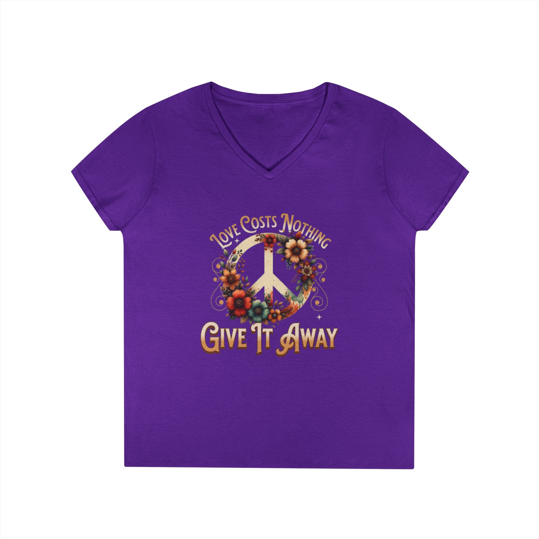 Women's Peace Love T-Shirt - Give It Away | Floral V-Neck Tee for Positive Vibes