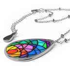 Stained Glass Oval Necklace — Colorful Rainbow Teardrop Pendant