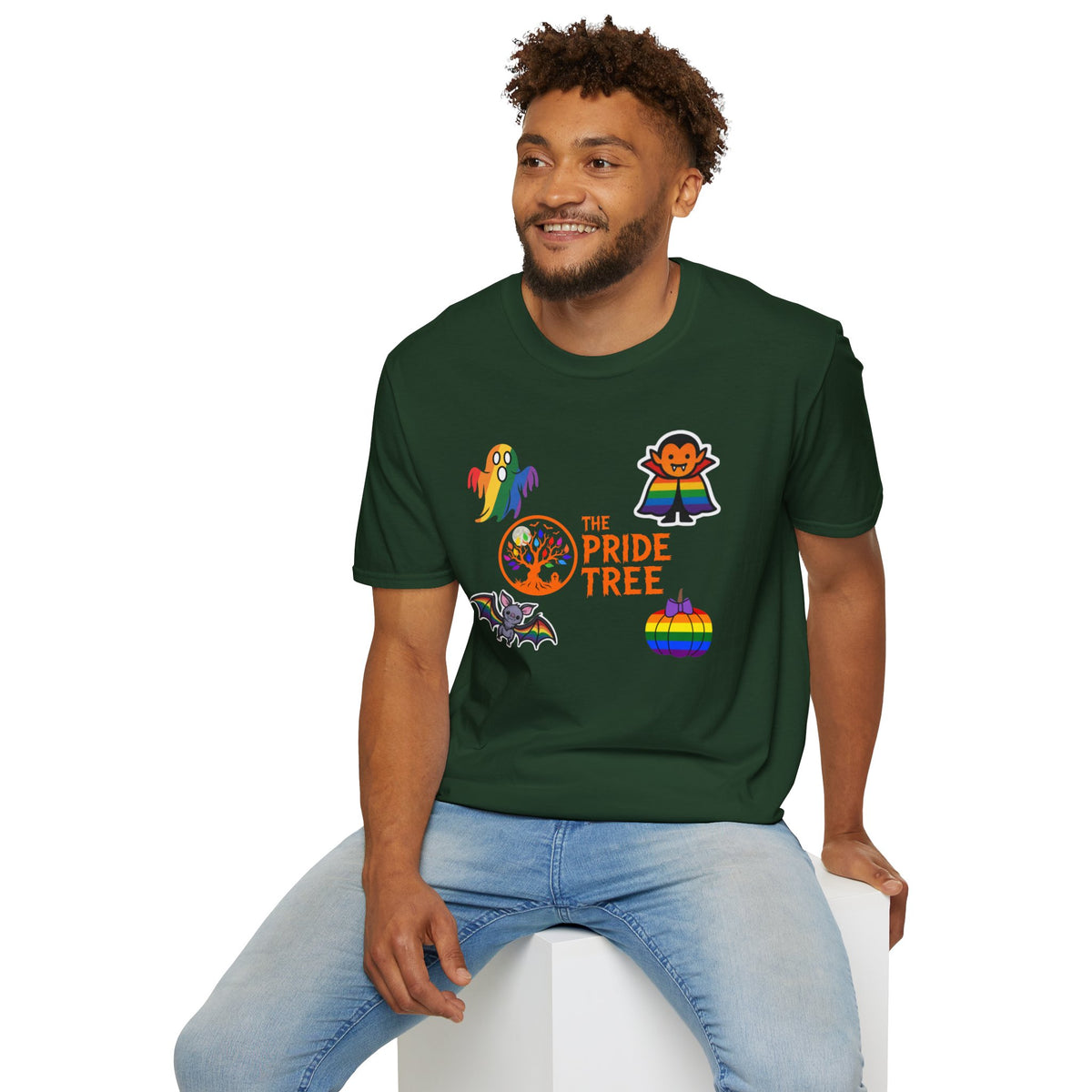 The Pride Tree Halloween T‑Shirt — Rainbow Ghosts, Pumpkins & Bat Graphic Tee
