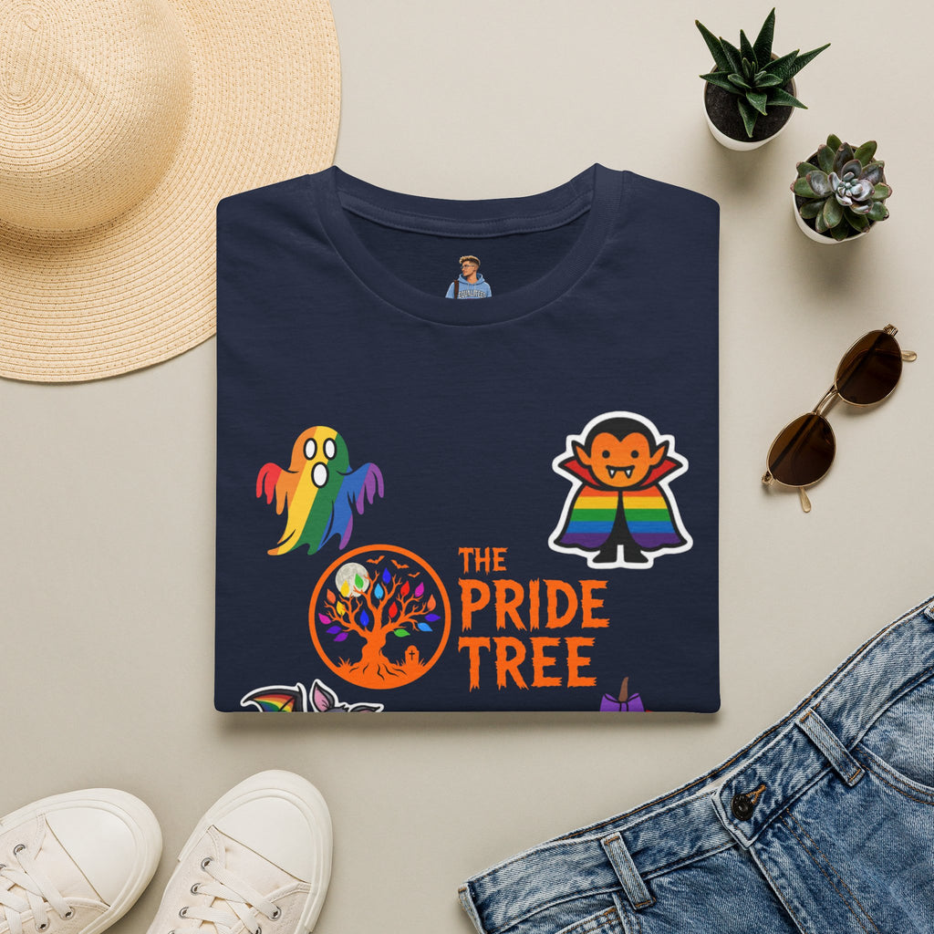 The Pride Tree Halloween T‑Shirt — Rainbow Ghosts, Pumpkins & Bat Graphic Tee