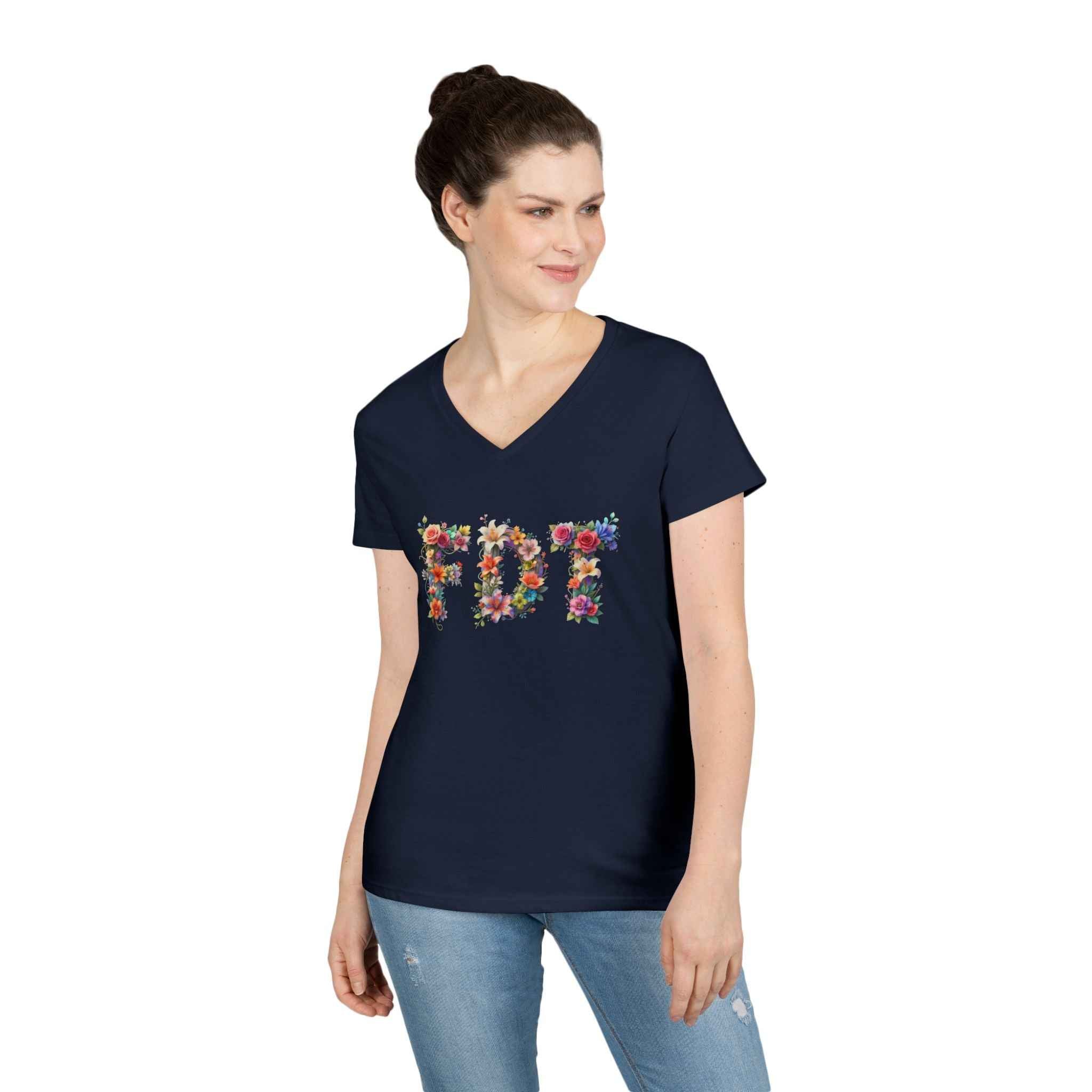 Floral Initials 'FDT' Ladies' V-Neck Tee — Colorful Botanical Monogram Shirt