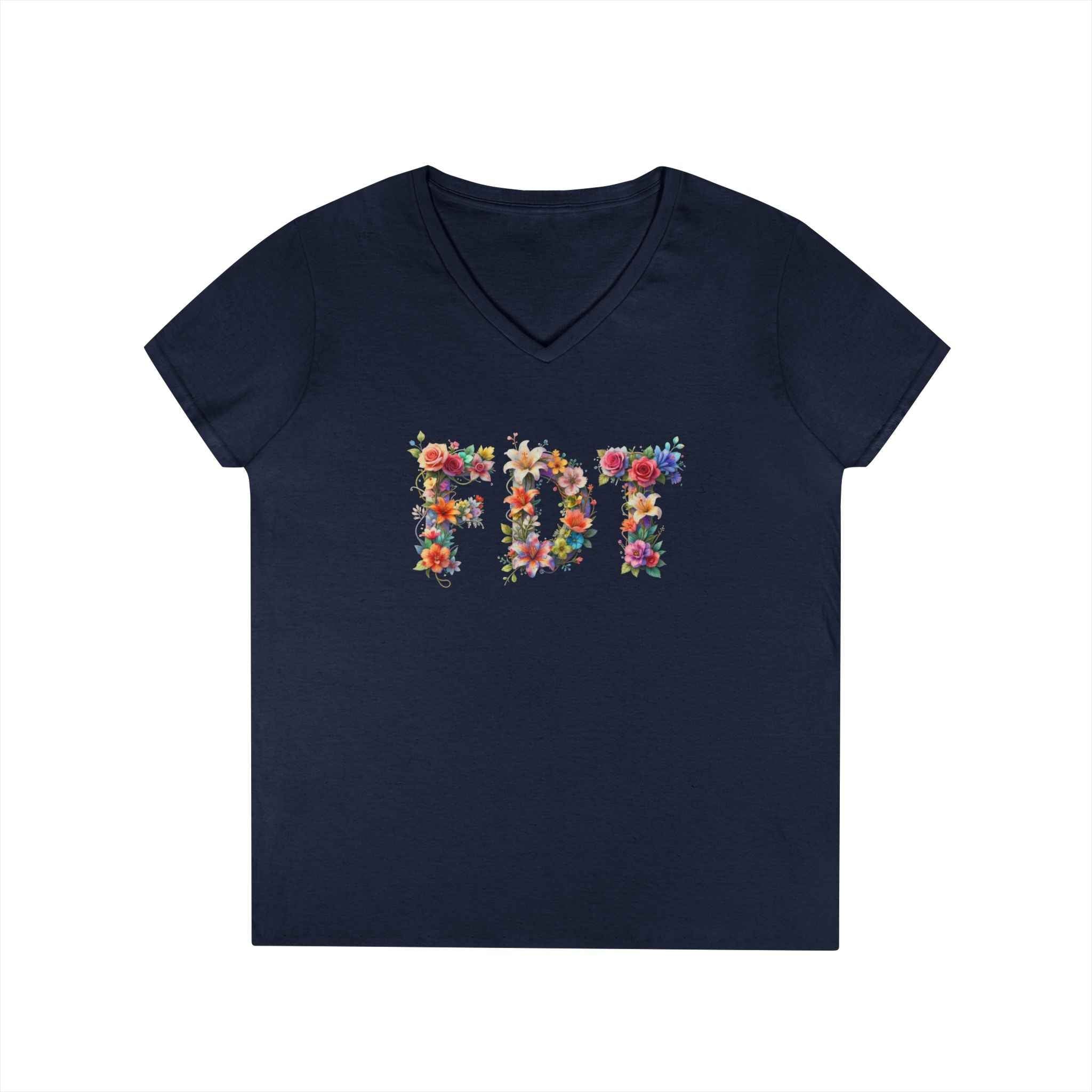 Floral Initials 'FDT' Ladies' V-Neck Tee — Colorful Botanical Monogram Shirt