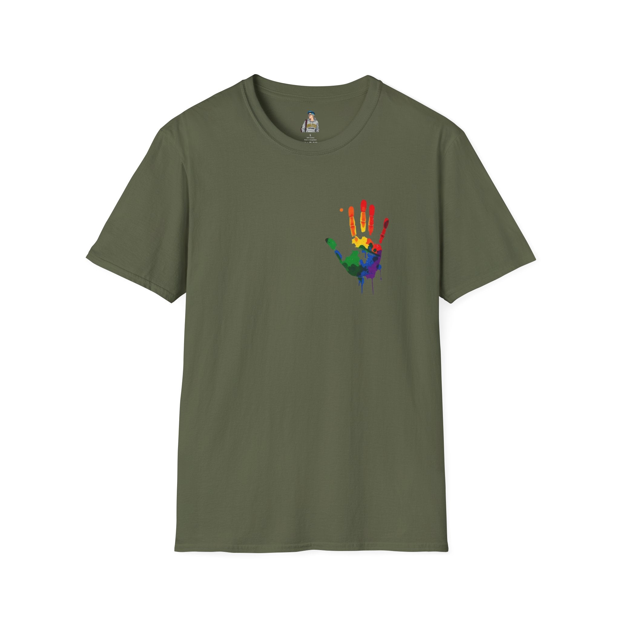 Inclusive Art Unisex Softstyle T-Shirt – ‘ Rainbow Handprint We All Belong’