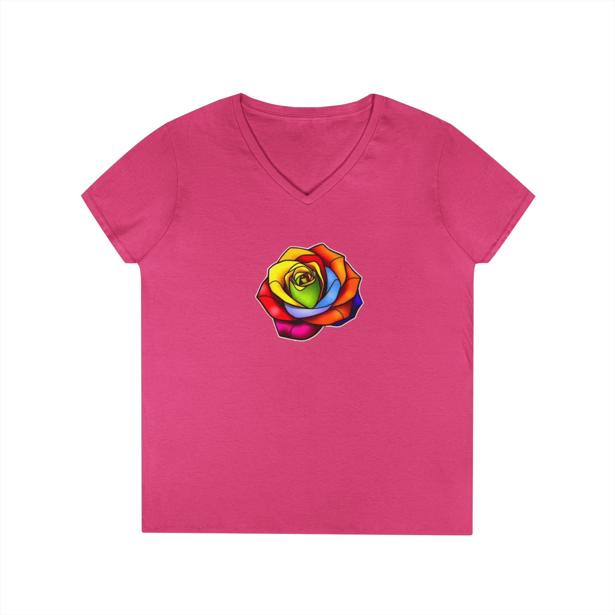Rainbow Rose Ladies' V-Neck T-Shirt - Colorful Floral Design