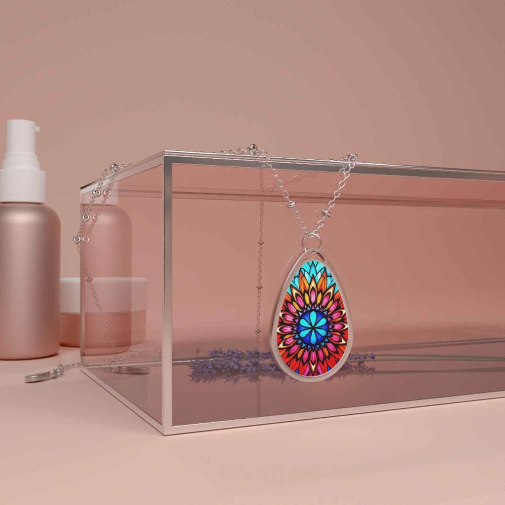 Oval Pendant Necklace — Colorful Mandala Teardrop