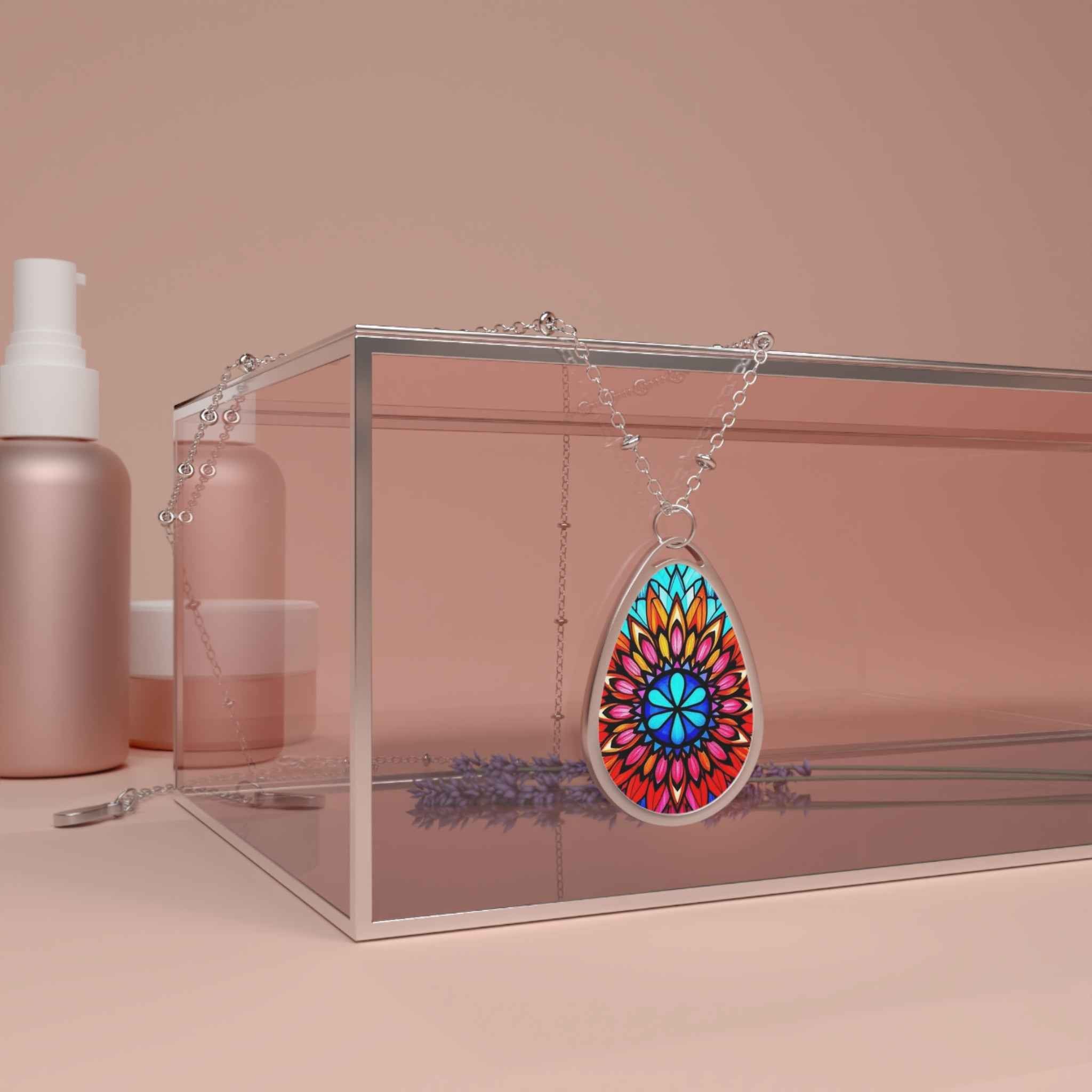 Oval Pendant Necklace — Colorful Mandala Teardrop