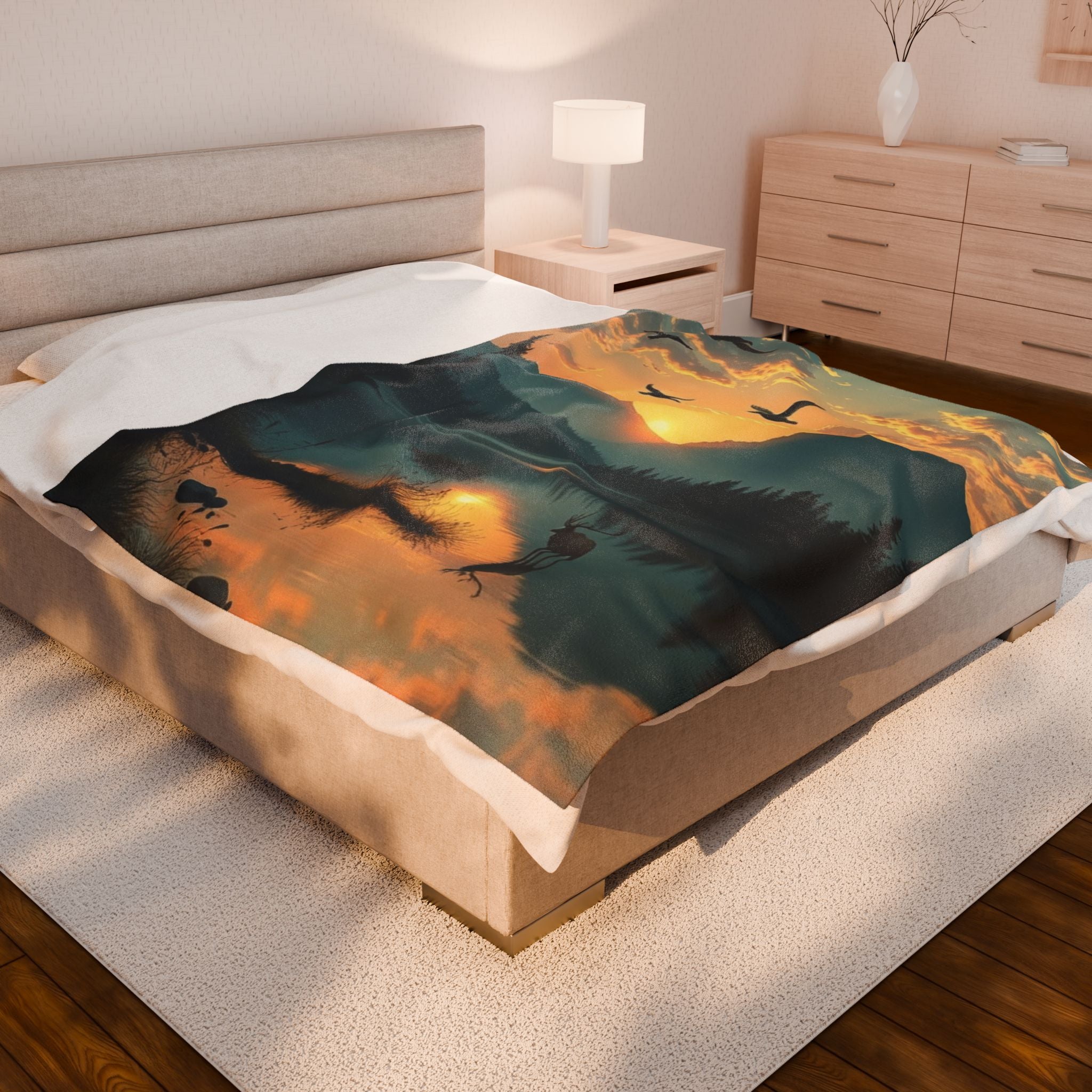 Lake Scene with Elk and Ducks Velveteen Plush Blanket – For Comfort and Warmth