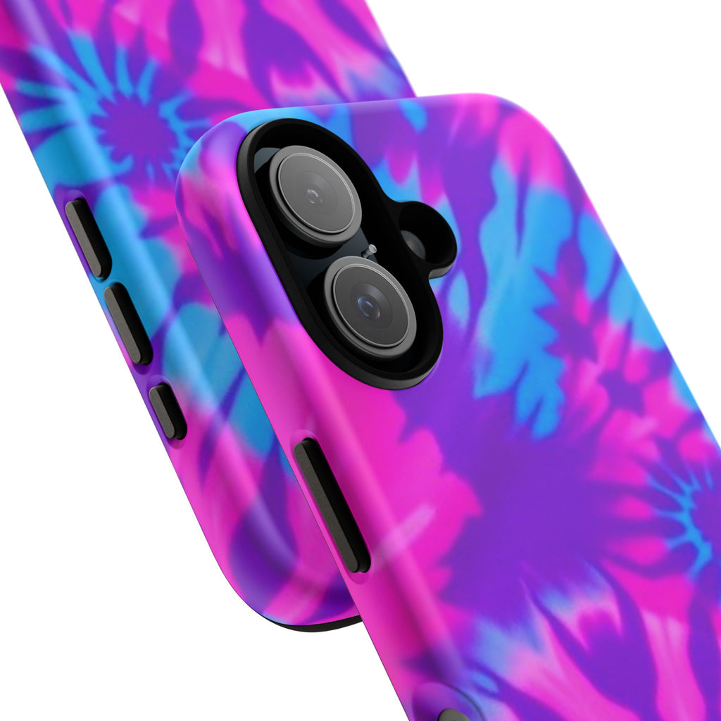 Tie-Dye Floral Phone Case for iPhone — Pink & Blue Retro Protective Tough Case