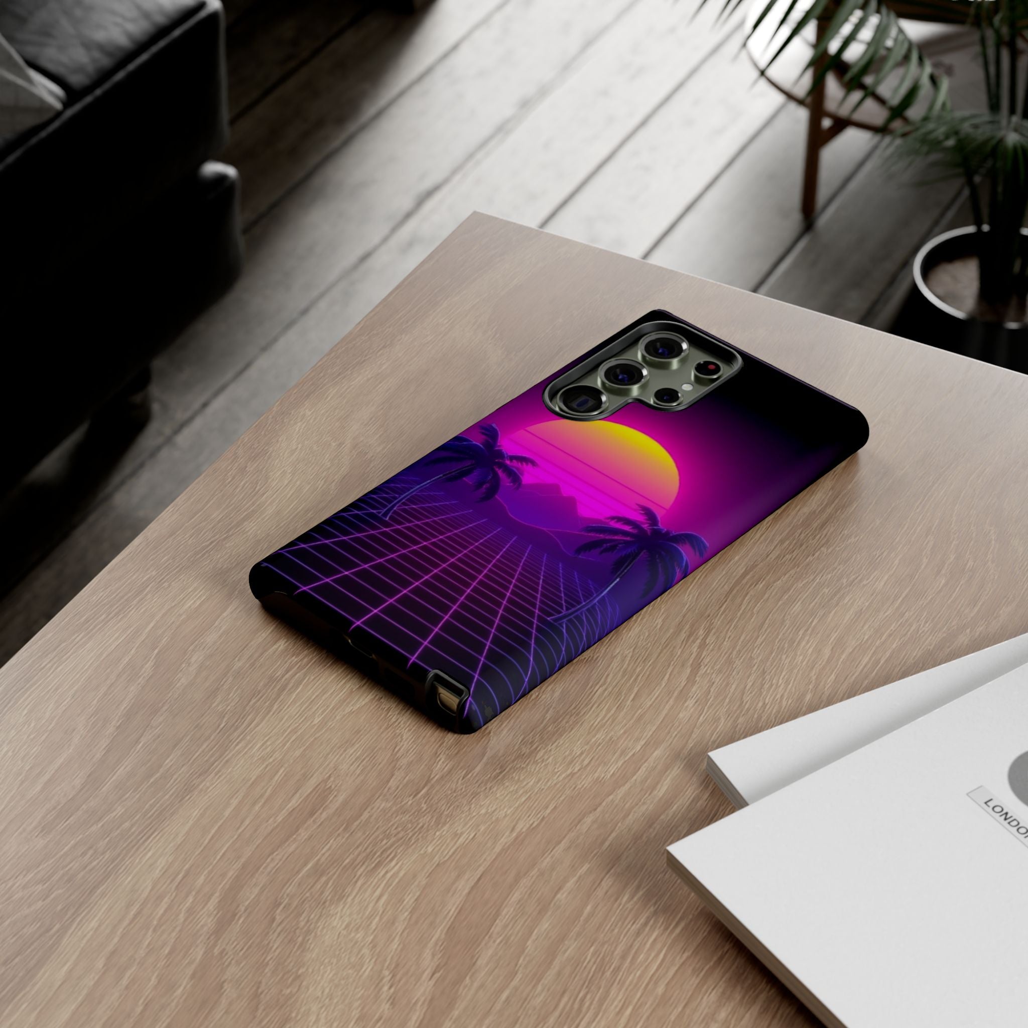 Android OR iPhone Compatible Cases - 80's Digital Grid Sunset Design - Unique Tough Cases