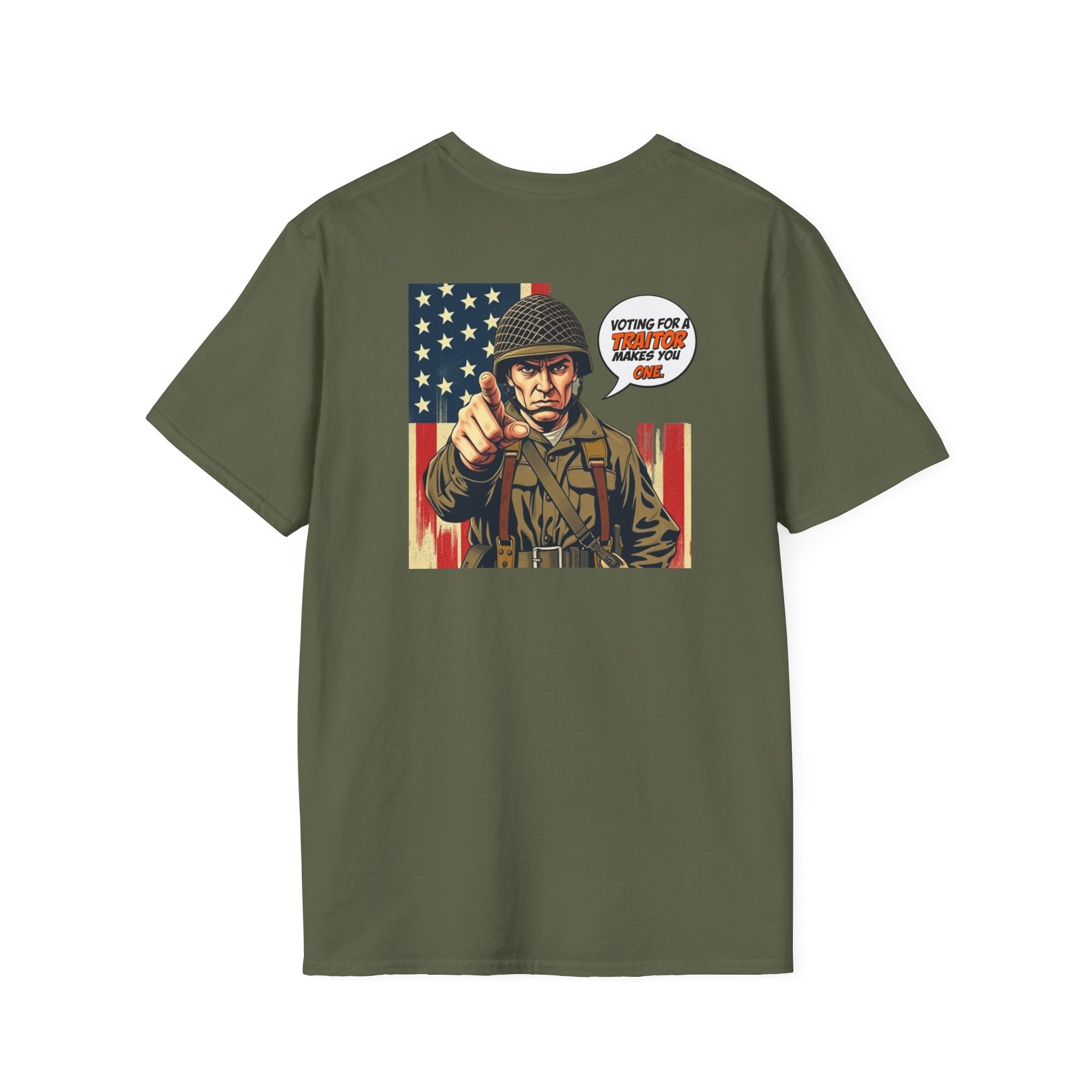 Patriotic Anti-Fascism T-Shirt - Voting for a Traitor Makes You One - Unisex Softstyle T-shirt