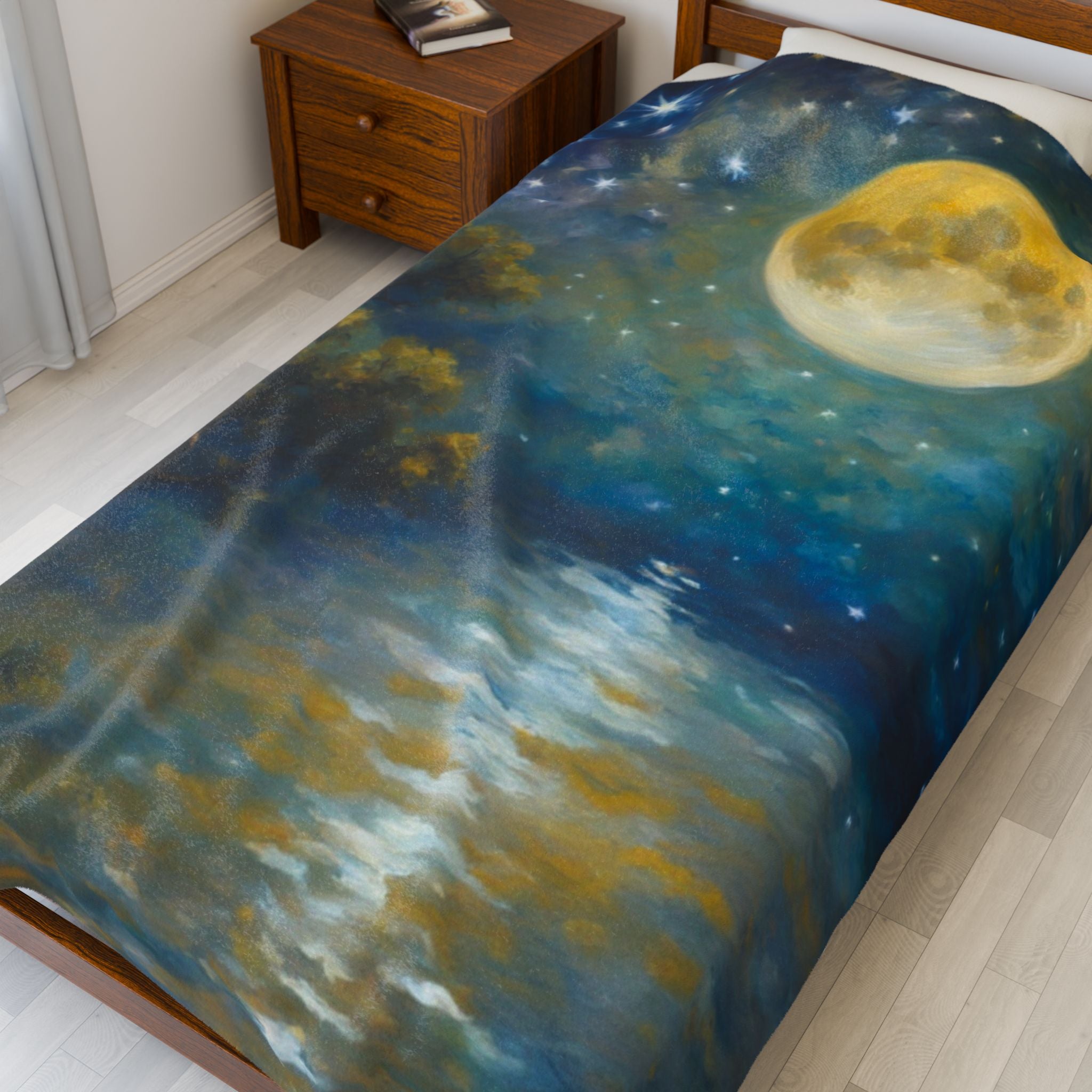 Moon over Docile Waters Impressionist Print Velveteen Plush Blanket – For Comfort and Warmth