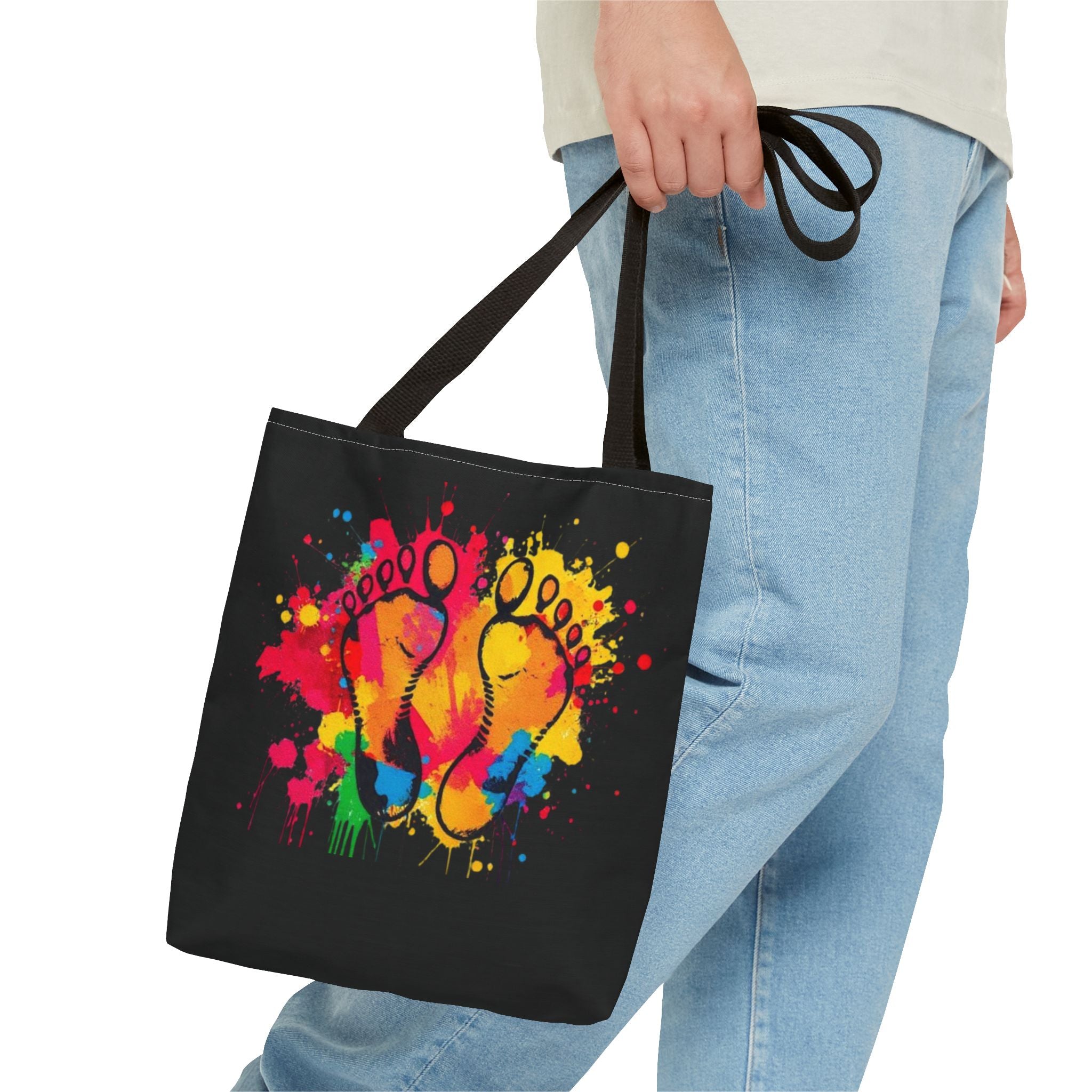 Rainbow Paint Splatter Footprints Tote Bag