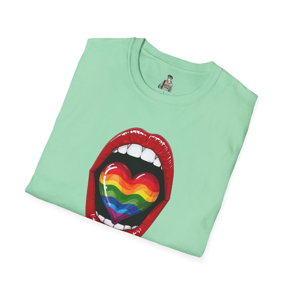 Pride Love Unisex Softstyle T-Shirt | LGBTQ+ Rainbow Heart Design