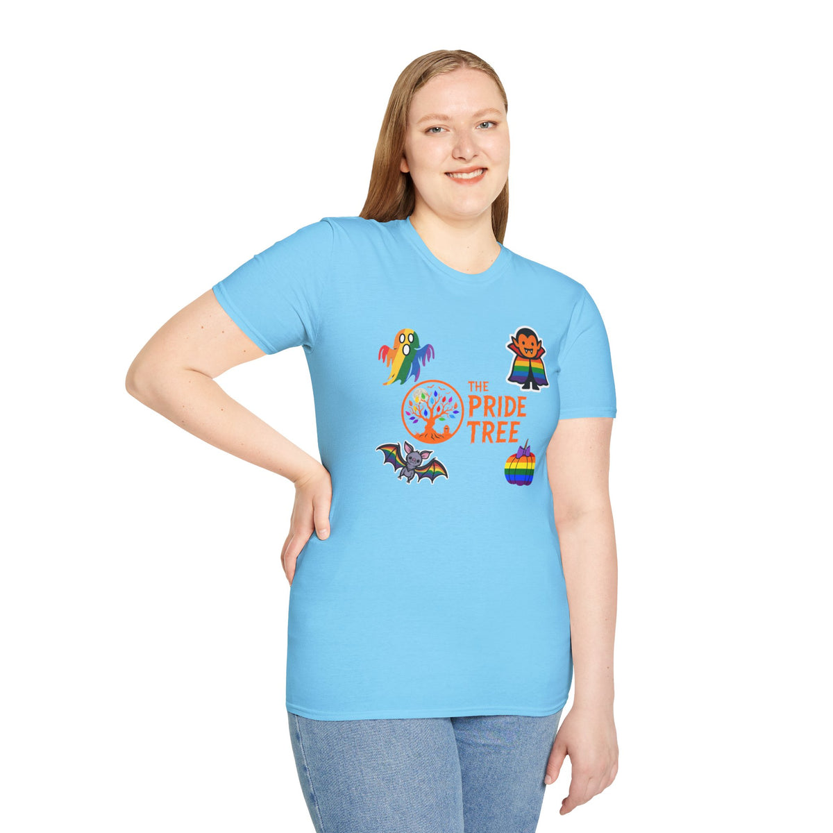 The Pride Tree Halloween T‑Shirt — Rainbow Ghosts, Pumpkins & Bat Graphic Tee