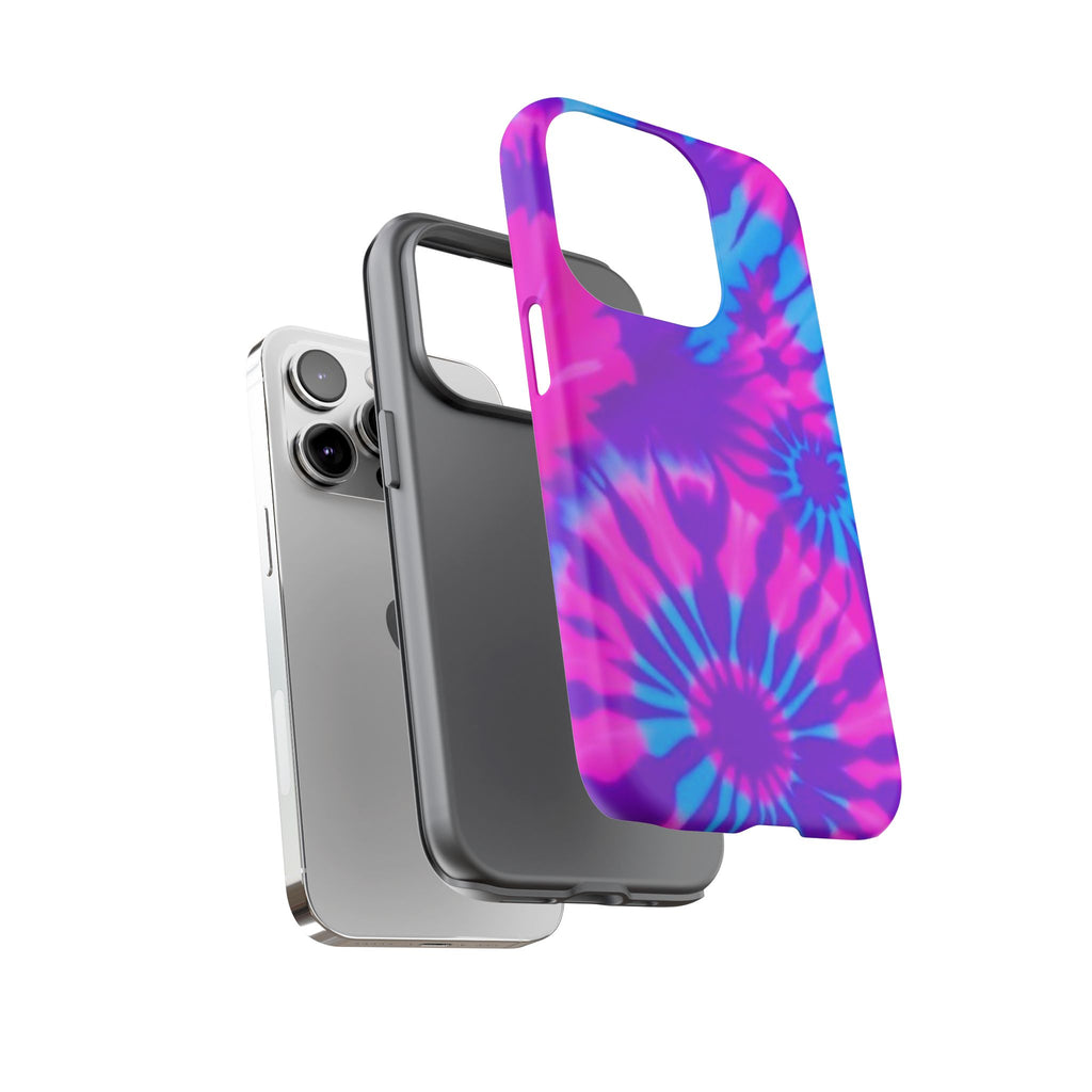 Tie-Dye Floral Phone Case for iPhone — Pink & Blue Retro Protective Tough Case