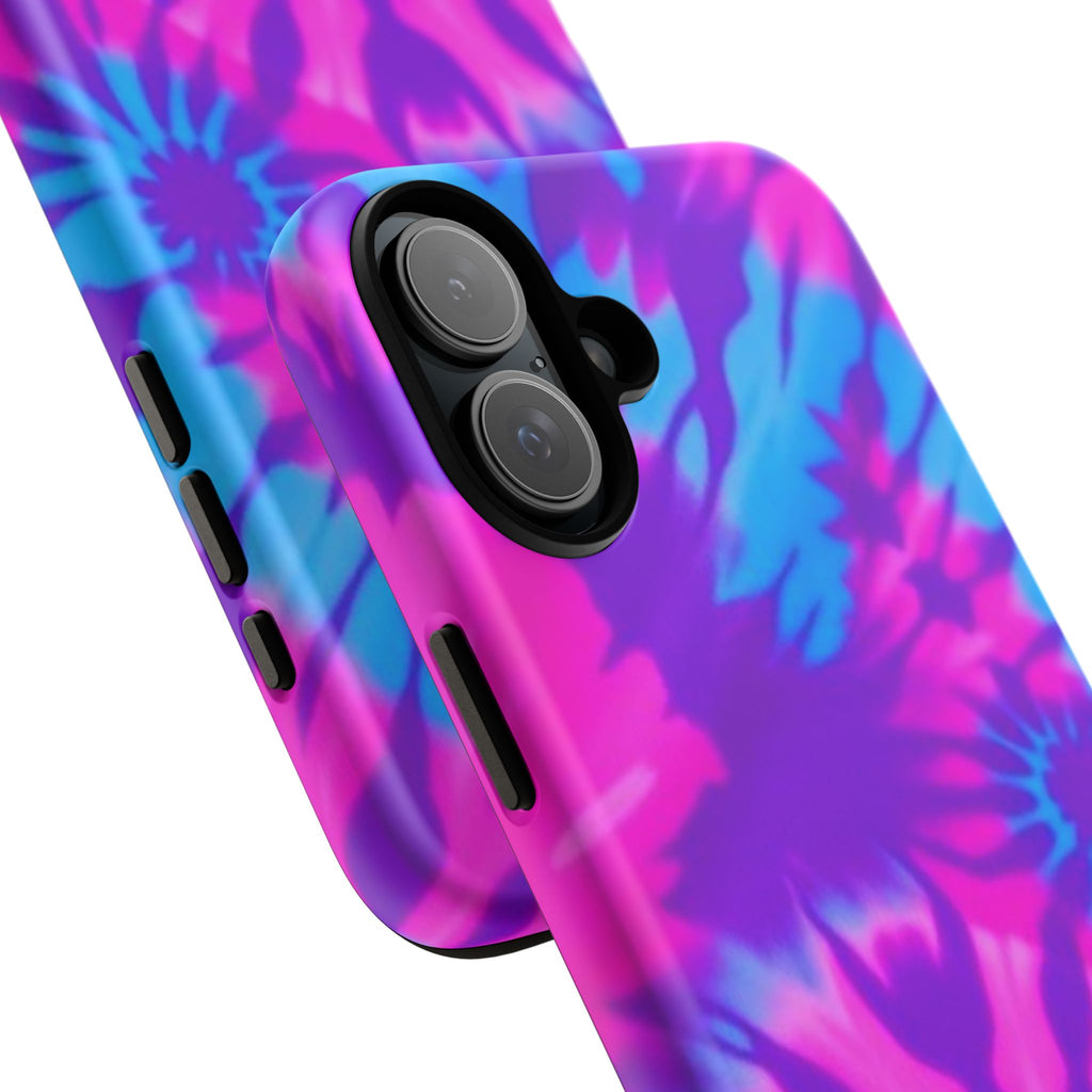 Tie-Dye Floral Phone Case for iPhone — Pink & Blue Retro Protective Tough Case