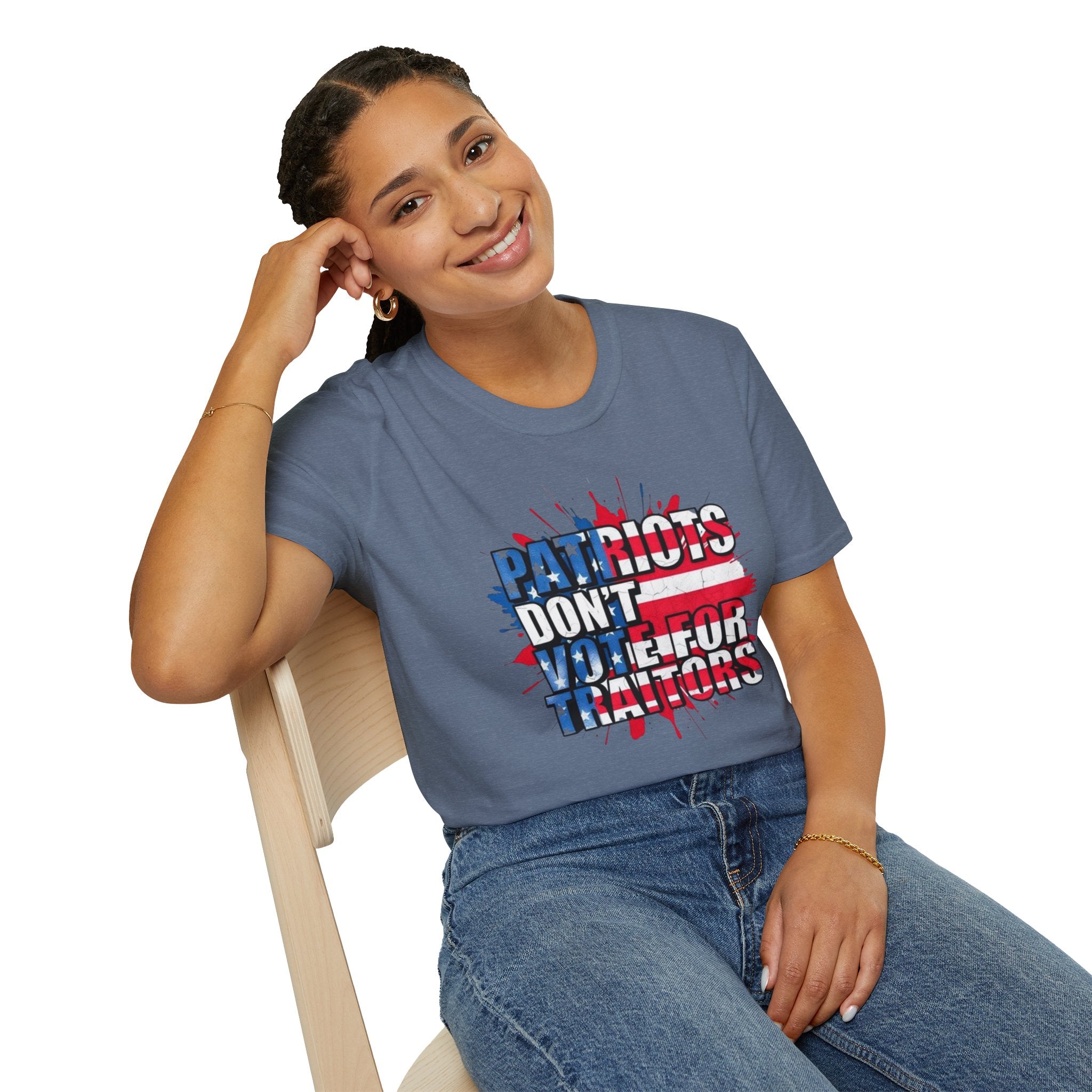 Unisex Softstyle T-Shirt - 'Patriots Don't Vote for Traitors' with USA Flag Design