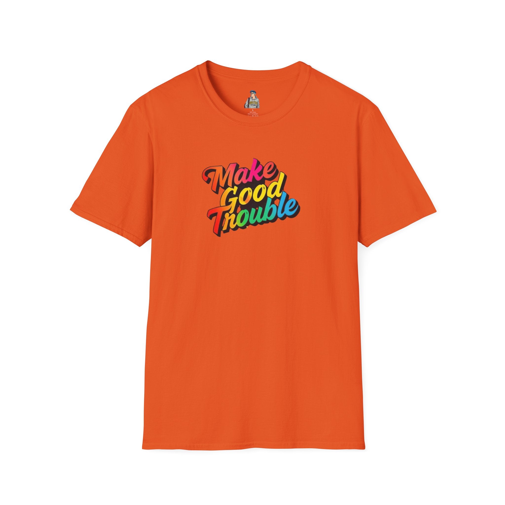 Inspirational Unisex Softstyle T-Shirt - 'Make Good Trouble' Rainbow Statement Tee