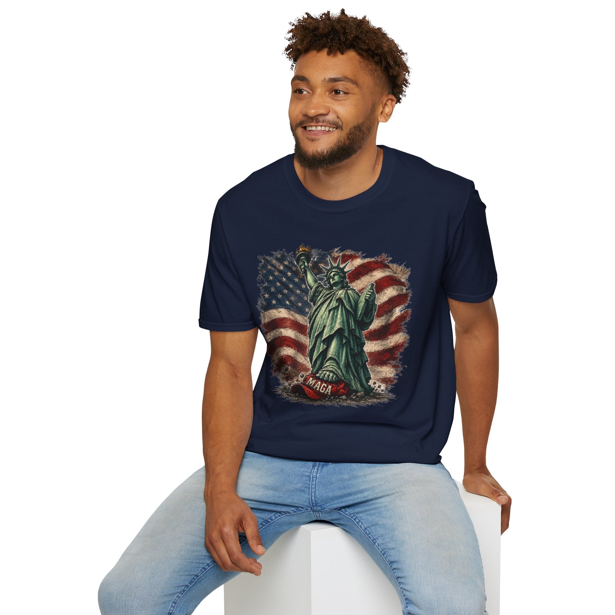 Statue of Liberty Stepping on MAGA American Flag T-Shirt — Patriotic USA Independence Day Tee