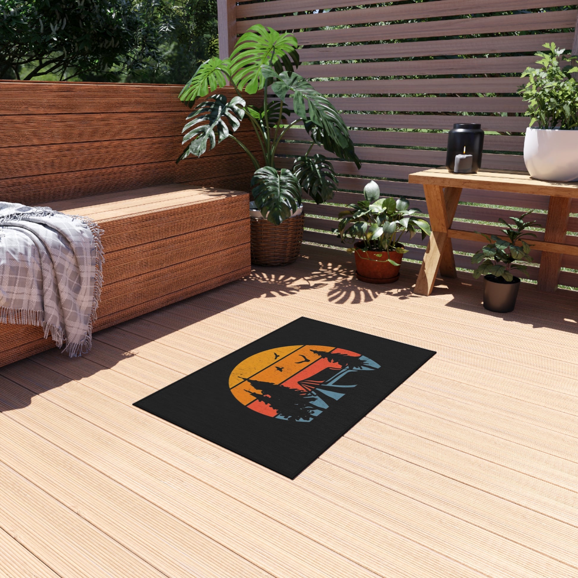 Camping Sunset Scene Outdoor Rug