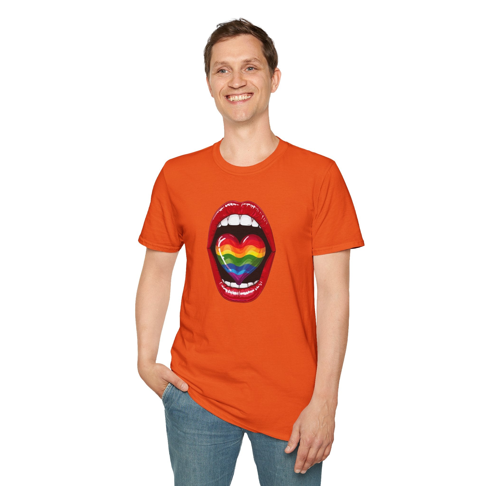 Pride Love Unisex Softstyle T-Shirt | LGBTQ+ Rainbow Heart Design