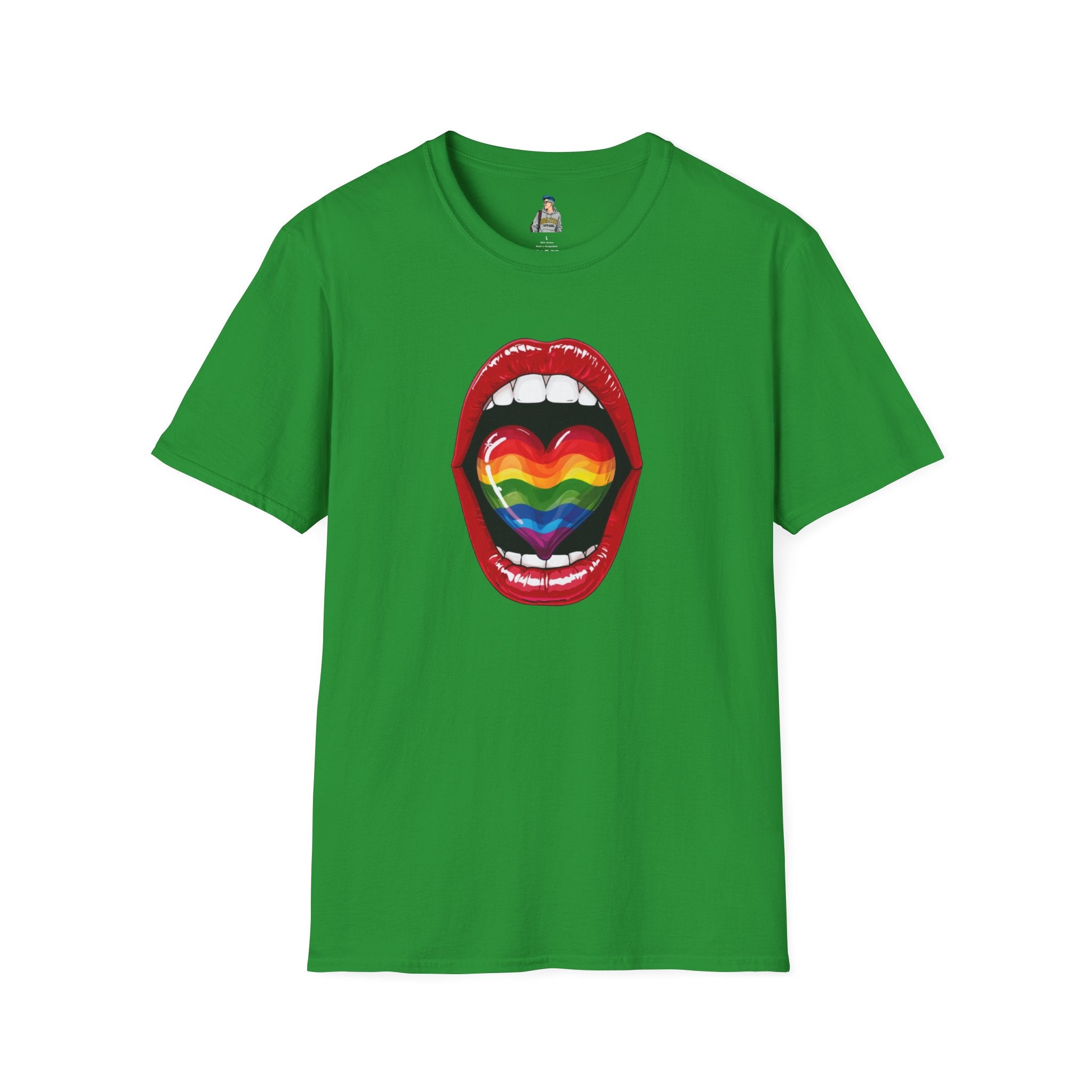 Pride Love Unisex Softstyle T-Shirt | LGBTQ+ Rainbow Heart Design