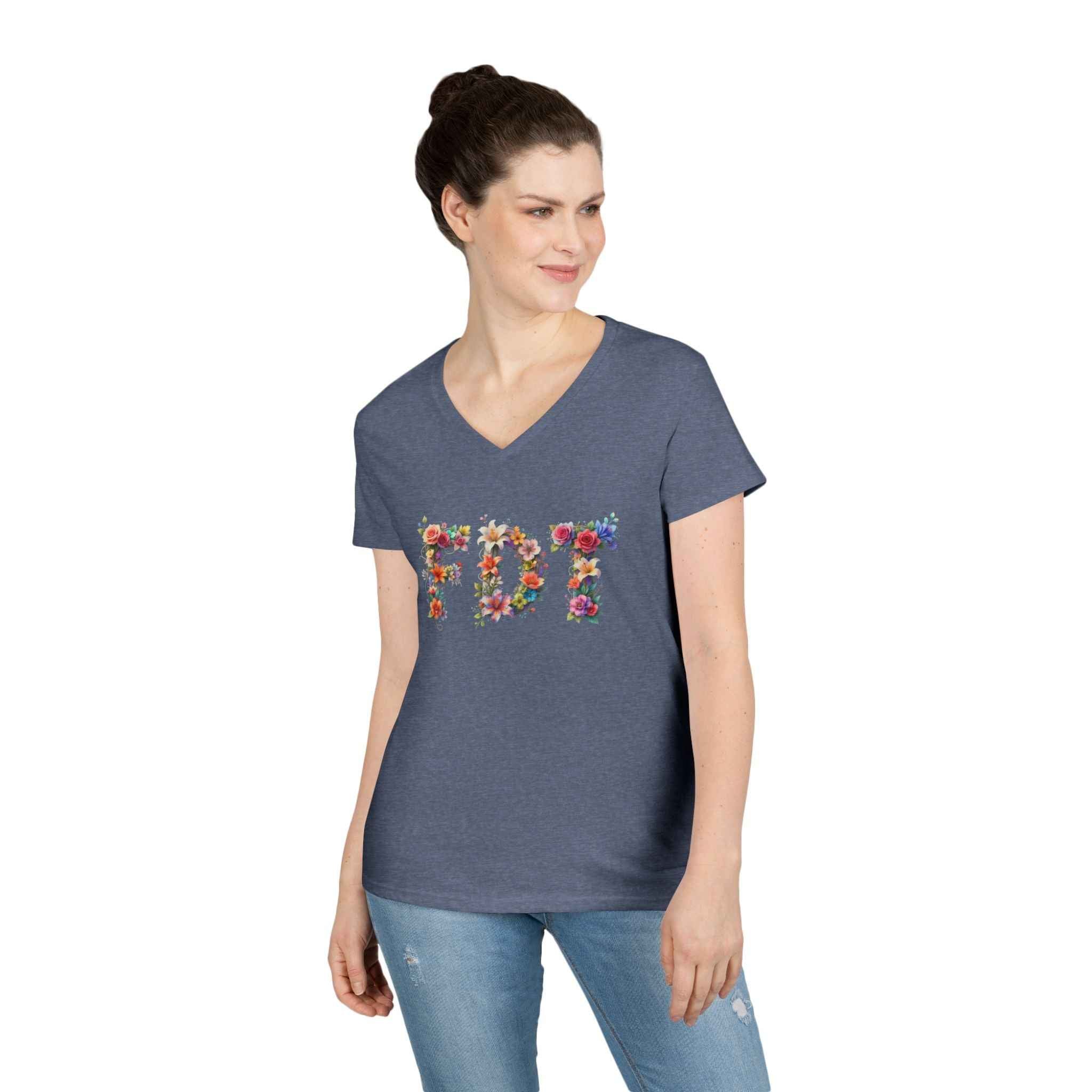 Floral Initials 'FDT' Ladies' V-Neck Tee — Colorful Botanical Monogram Shirt