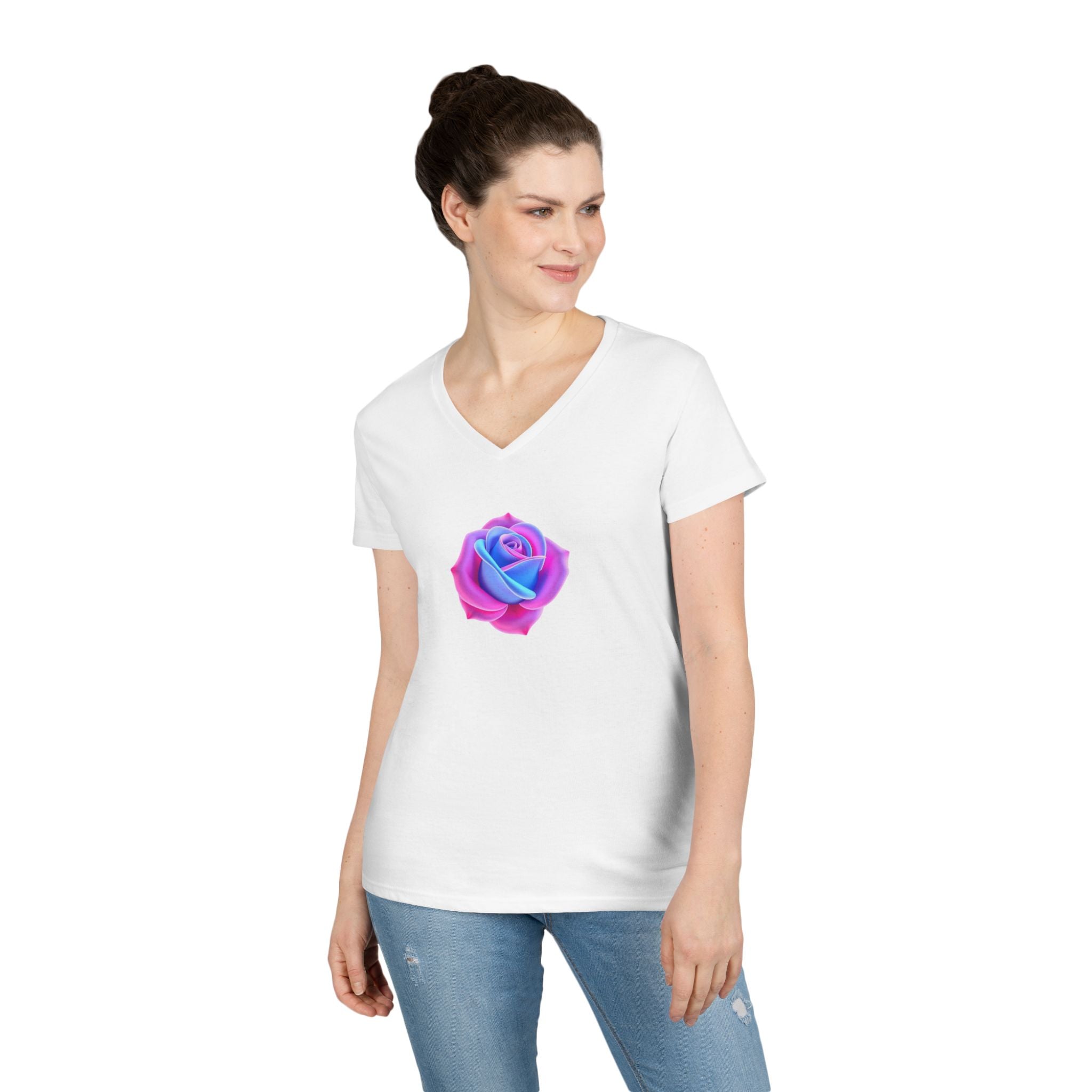 Ladies' V-Neck T-Shirt with Vibrant Trans Colors Rose Design - Perfect for Casual Wear and Gifts