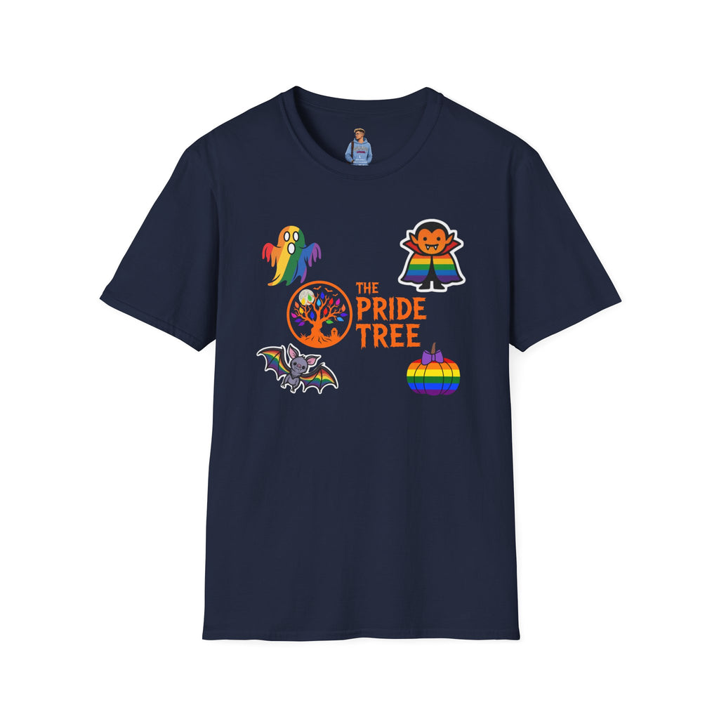The Pride Tree Halloween T‑Shirt — Rainbow Ghosts, Pumpkins & Bat Graphic Tee