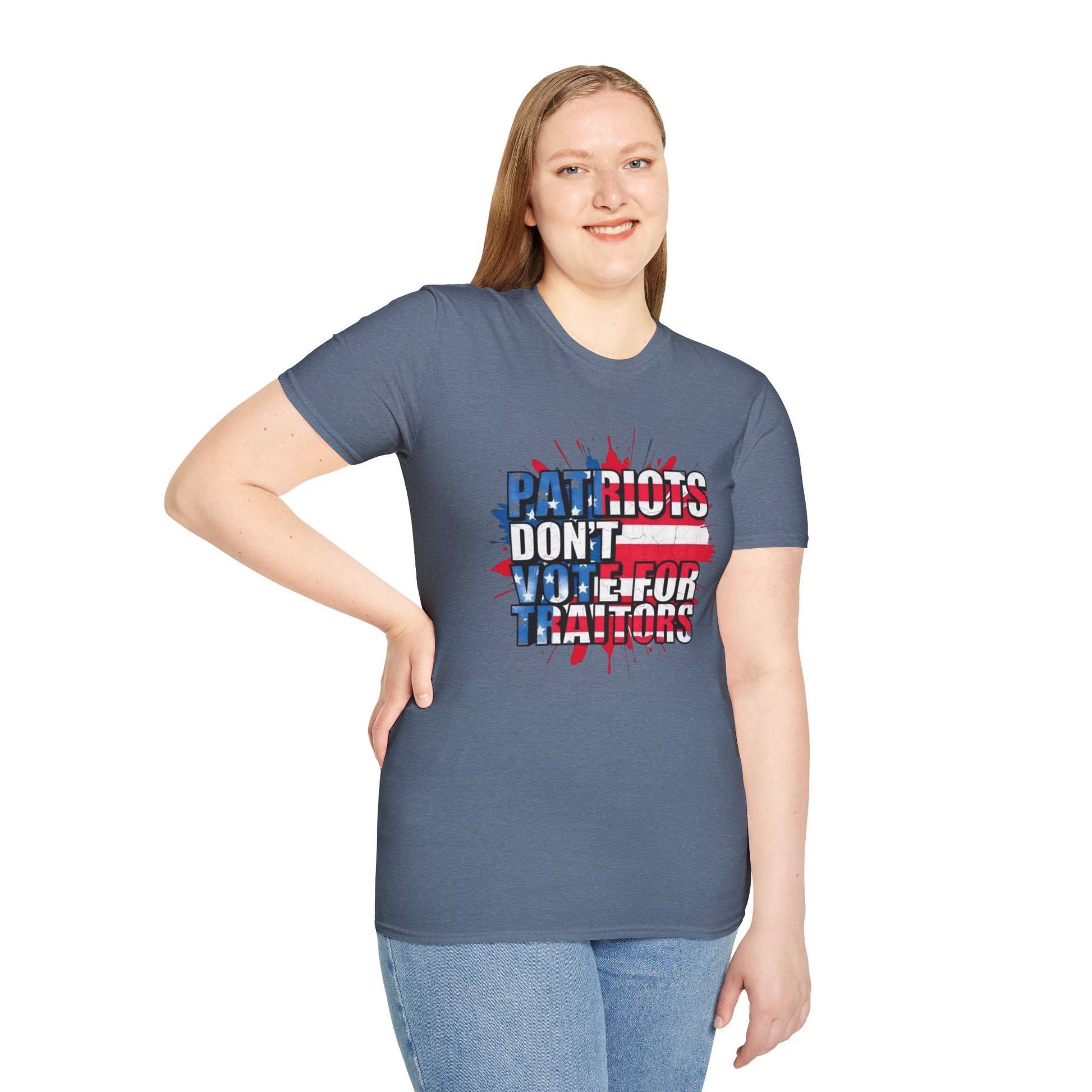 Unisex Softstyle T-Shirt - 'Patriots Don't Vote for Traitors' with USA Flag Design