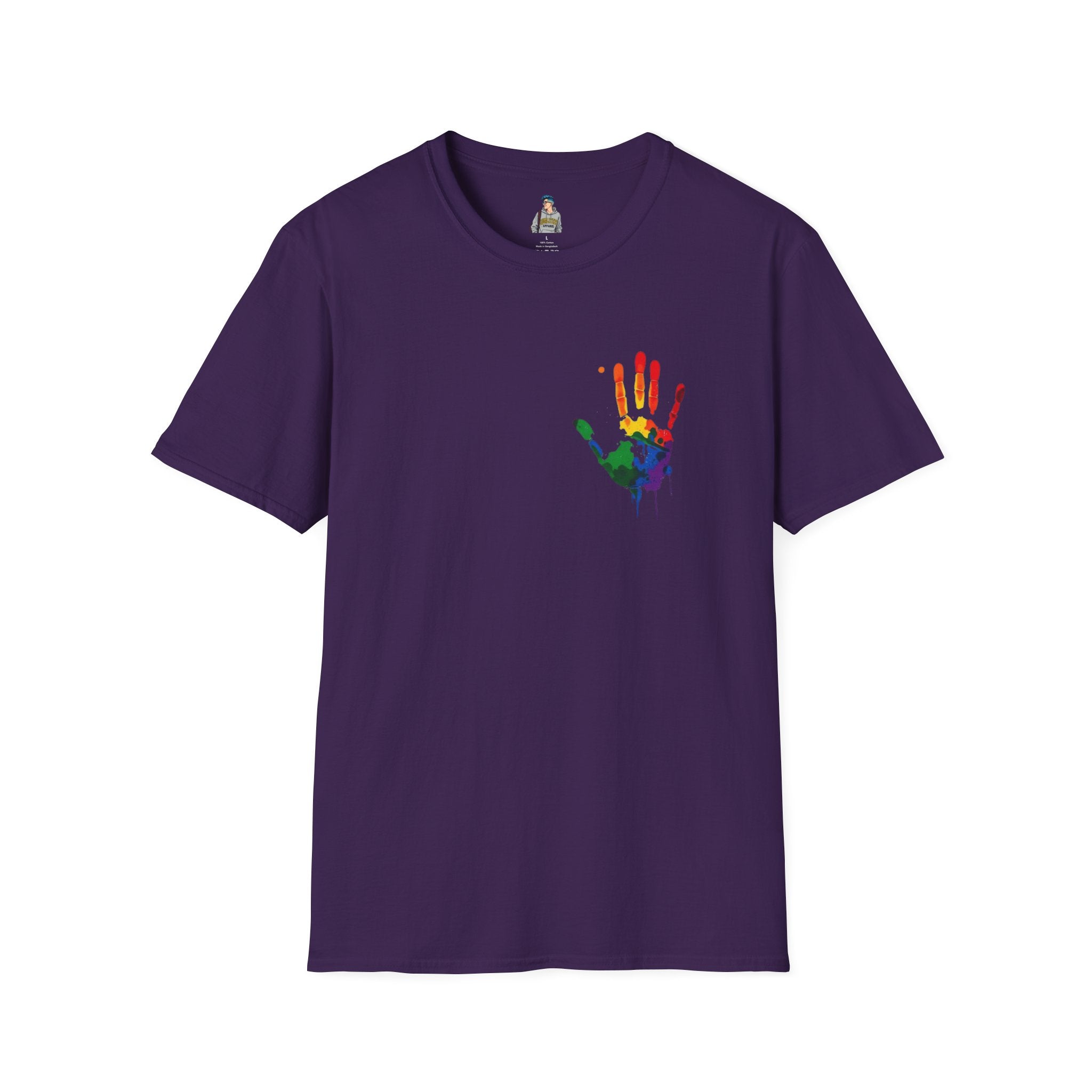 Inclusive Art Unisex Softstyle T-Shirt – ‘ Rainbow Handprint We All Belong’