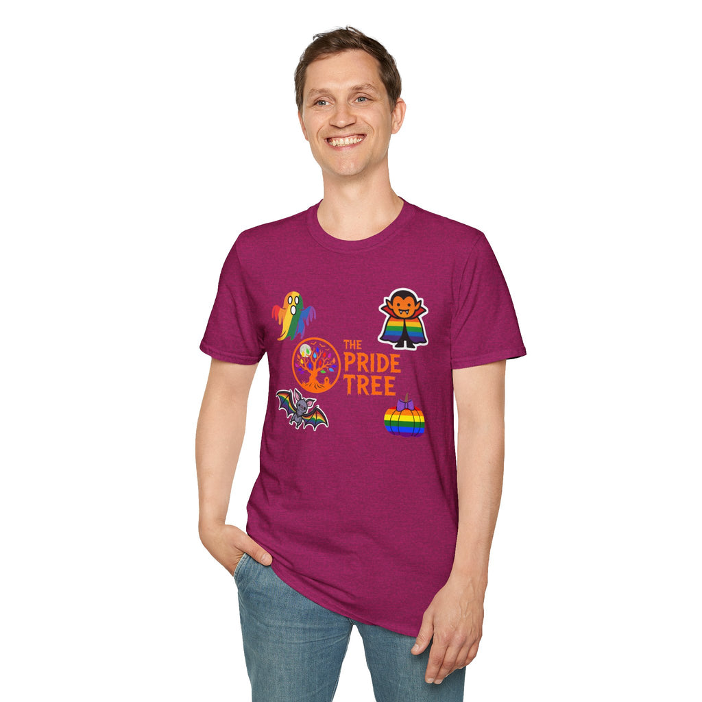 The Pride Tree Halloween T‑Shirt — Rainbow Ghosts, Pumpkins & Bat Graphic Tee