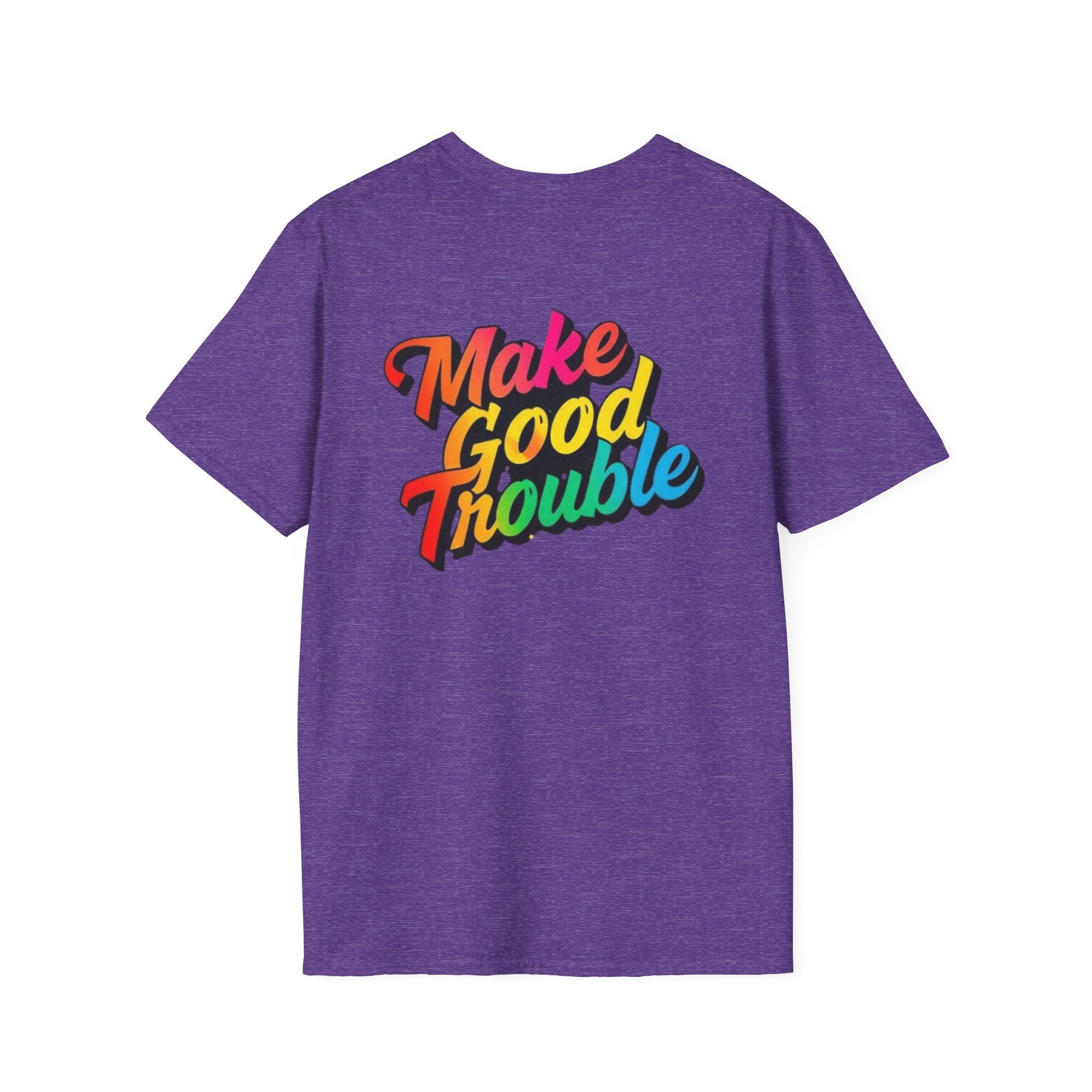 Inspirational Unisex Softstyle T-Shirt - 'Make Good Trouble' Rainbow Statement Tee
