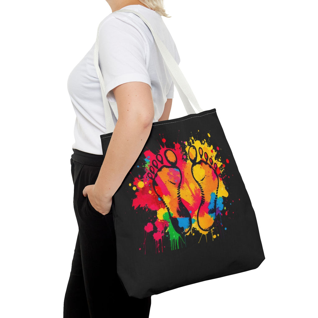 Rainbow Paint Splatter Footprints Tote Bag