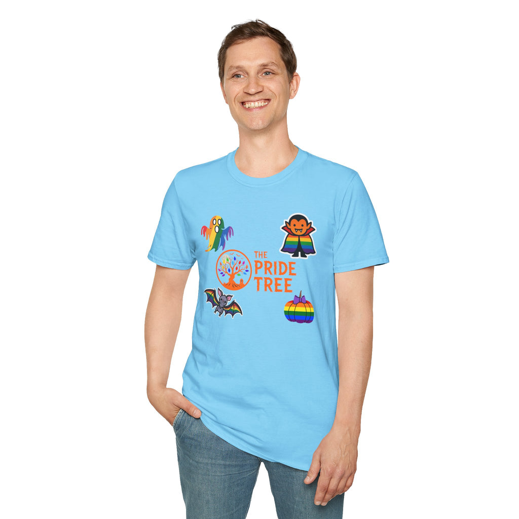 The Pride Tree Halloween T‑Shirt — Rainbow Ghosts, Pumpkins & Bat Graphic Tee