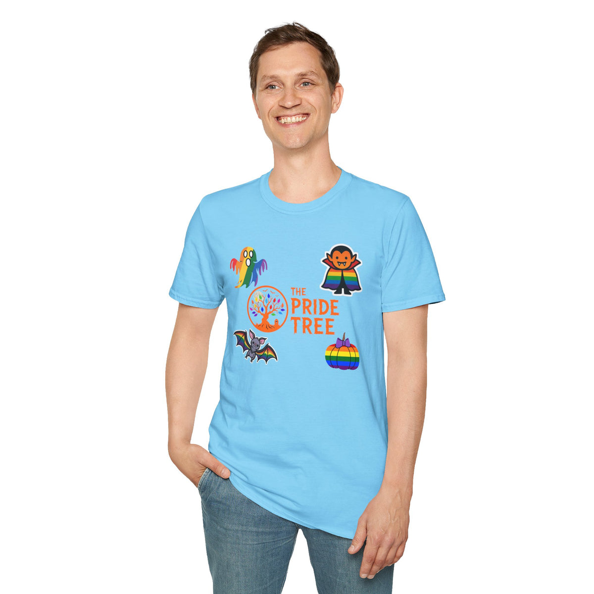 The Pride Tree Halloween T‑Shirt — Rainbow Ghosts, Pumpkins & Bat Graphic Tee