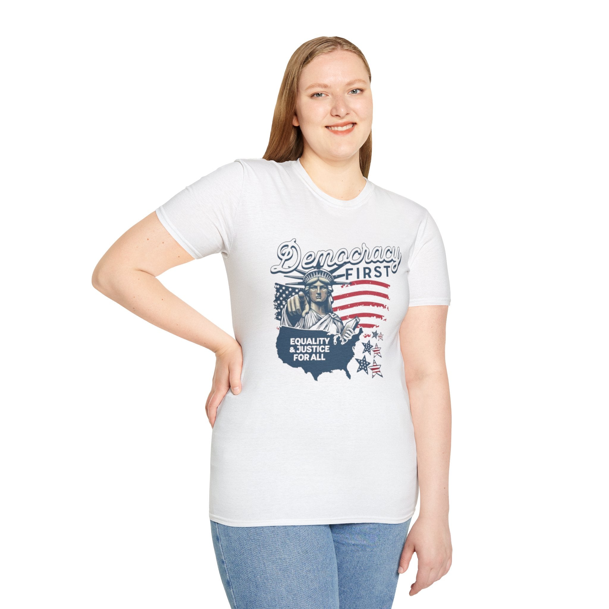 Democracy First T-Shirt | Unisex Softstyle Tee for Equality & Justice