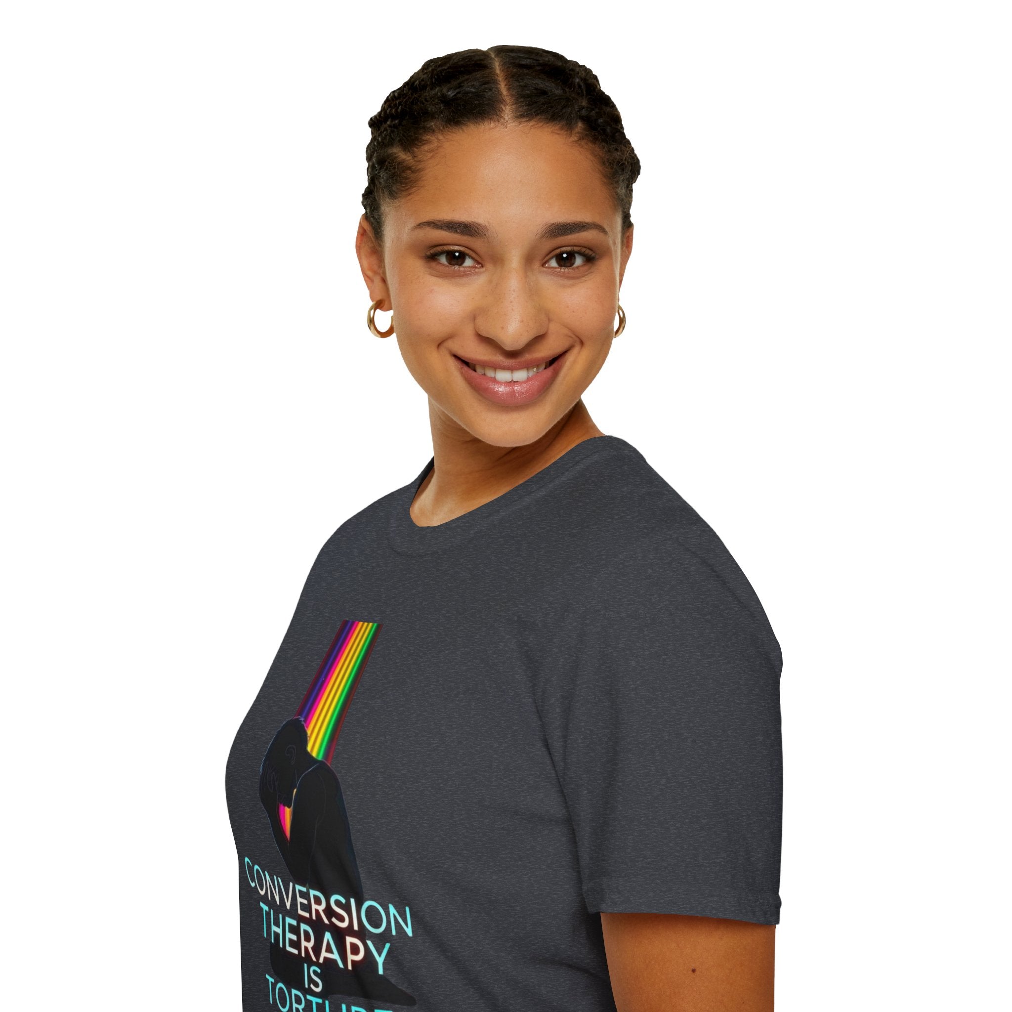 Unisex Softstyle T-Shirt - LGBTQ+ Empowerment T-Shirt: Conversion Therapy is Torture & We All Belong