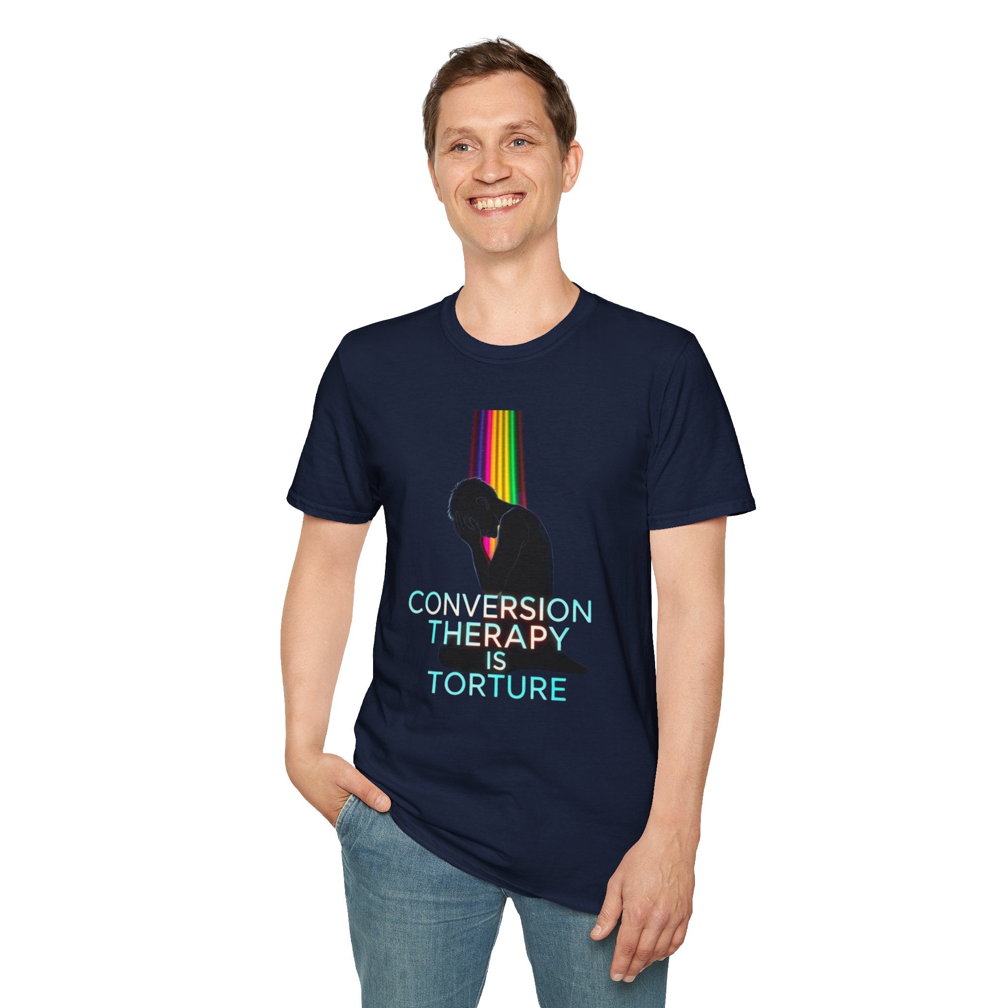 Unisex Softstyle T-Shirt - LGBTQ+ Empowerment T-Shirt: Conversion Therapy is Torture & We All Belong