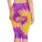 Women's Tie-Dye Capri Leggings - Vibrant Purple & Yellow Swirl Design